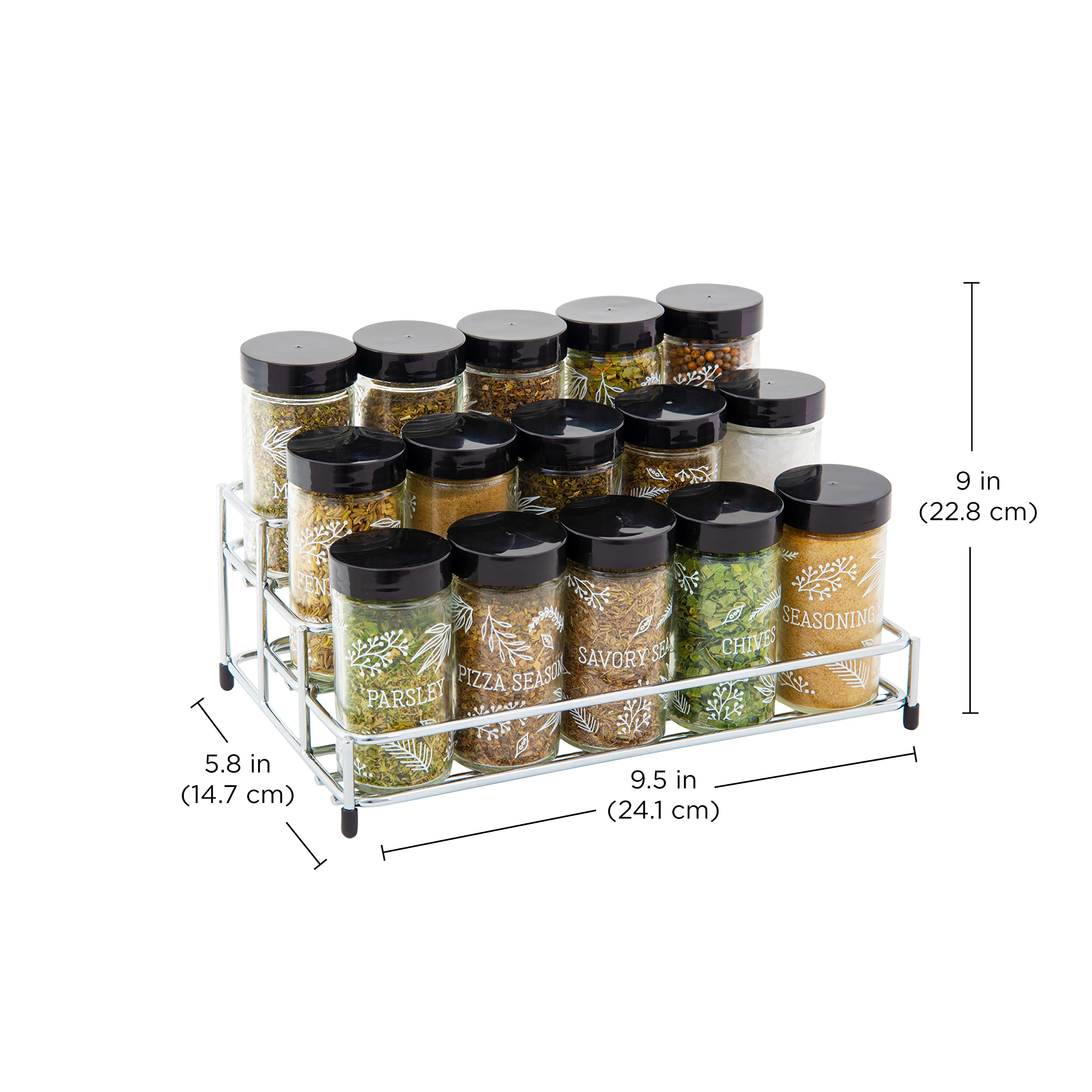 Kamenstein 15 Jar Lincoln Countertop Spice Rack with Spices Included, FREE Spice Refills for 5 Years, Chrome with Black Caps , 9
