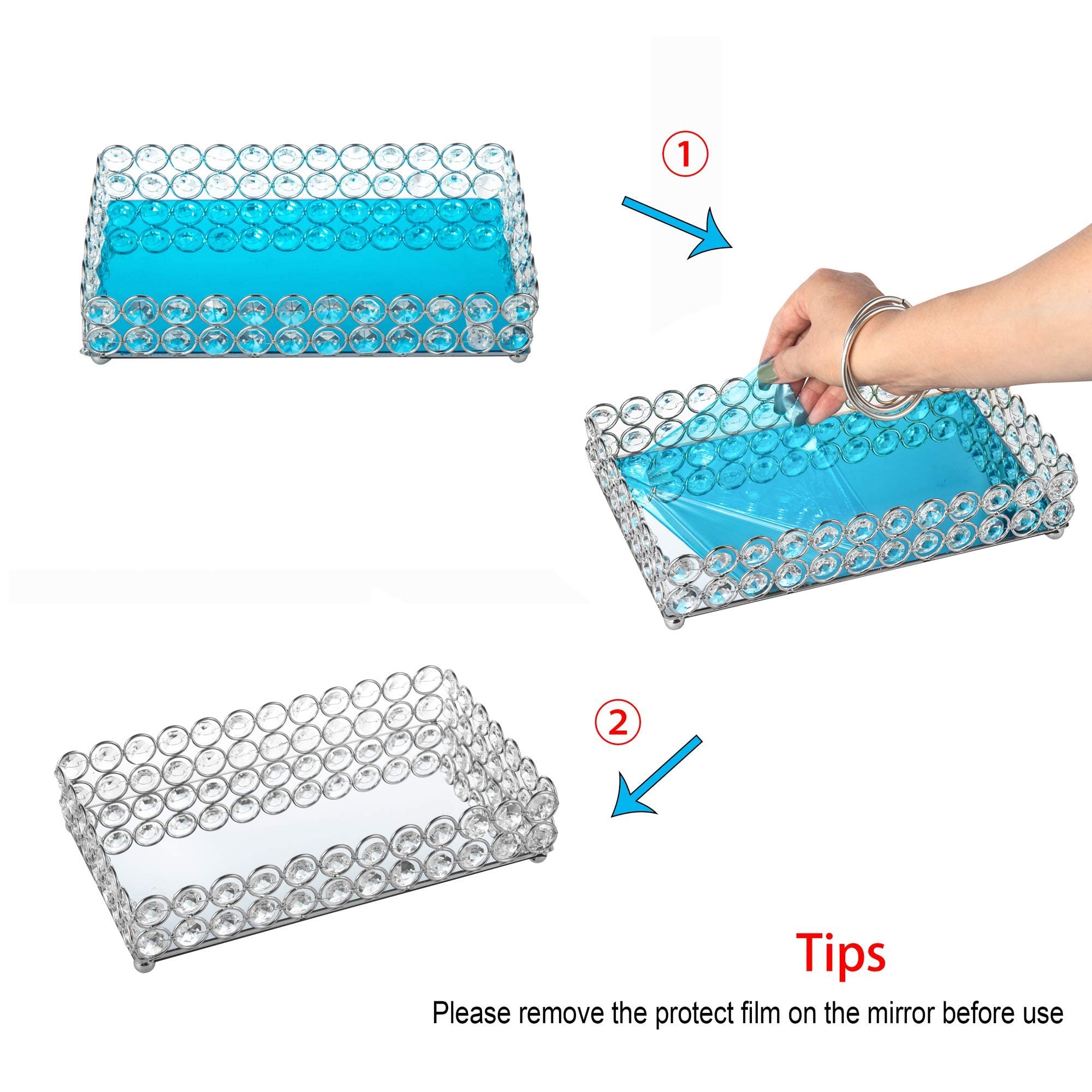 Feyarl Large Crystal Cosmetic Perfume Vanity Makeup Tray Mirrored Jewelry Trinket Rings Earrings Tray Organizer Storage Decorati