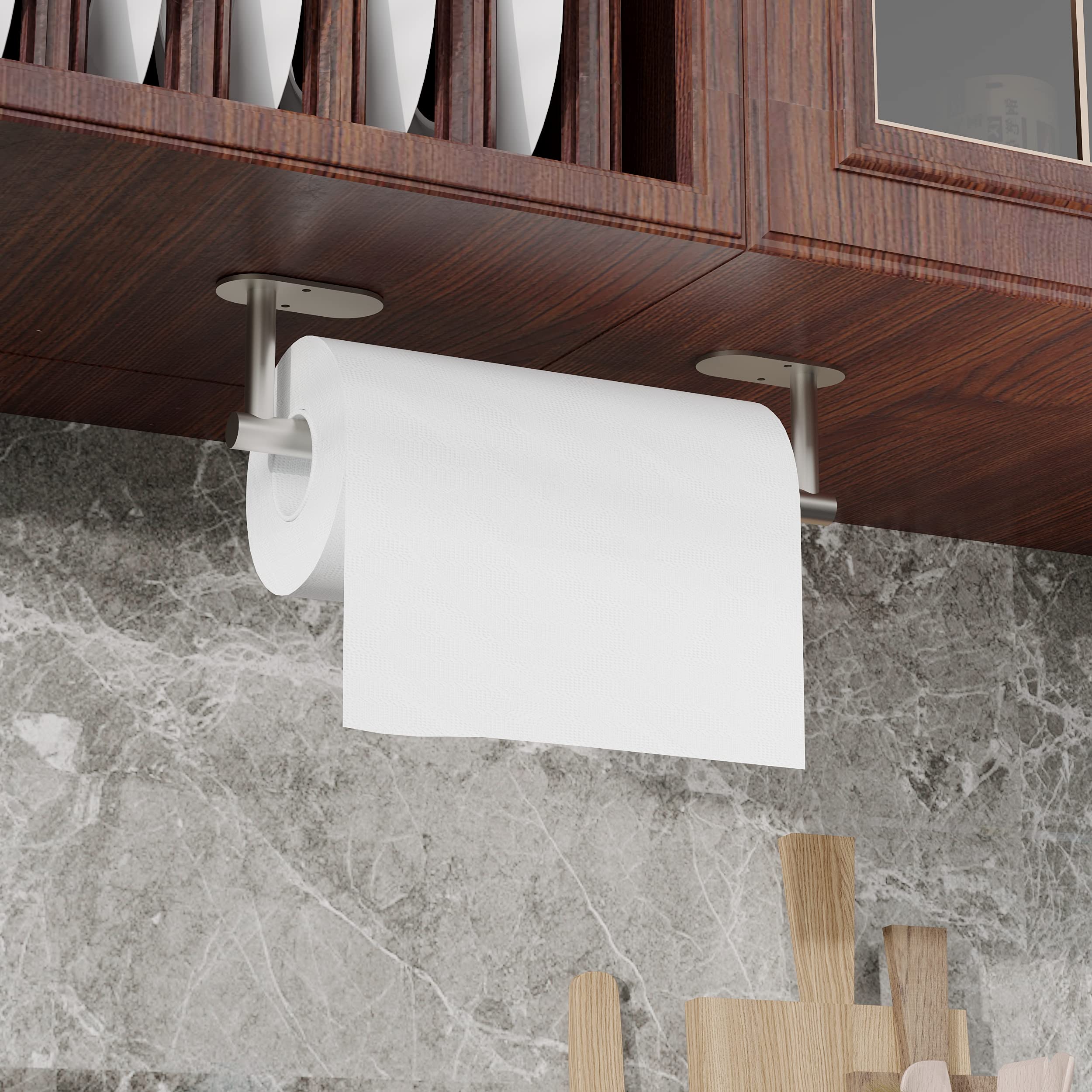 Ruacq Brushed Nickel Paper Towel Holder Self Adhesive Double Post Pivoting Round Base Under Cabinet Paper Towel Holder For Kitch