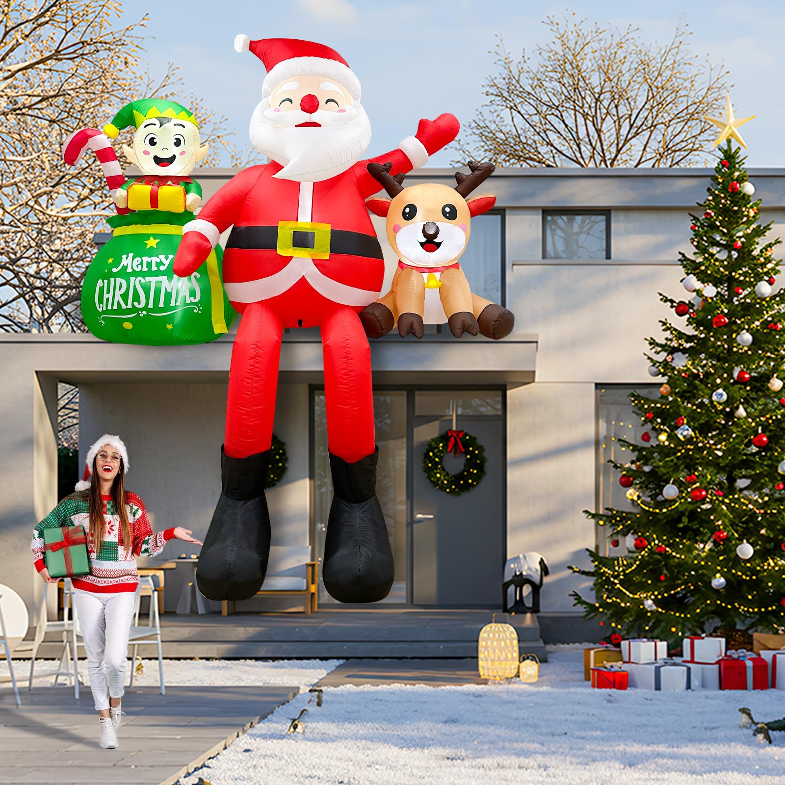 Fayavoo 8FT Christmas Inflatables Outdoor Decorations, Climbing Santa Claus Inflatable Xmas Decor with Elf & Reindeer Built-in L