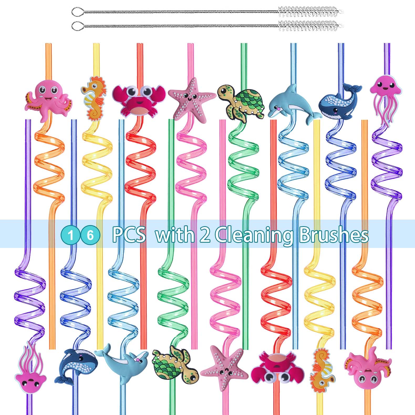 Reusable Sea Animal Straws For Sea Party Favors, 16 Pcs Plastic Ocean Creature Drinking Straws Silly Swirly Straws For Kids Part