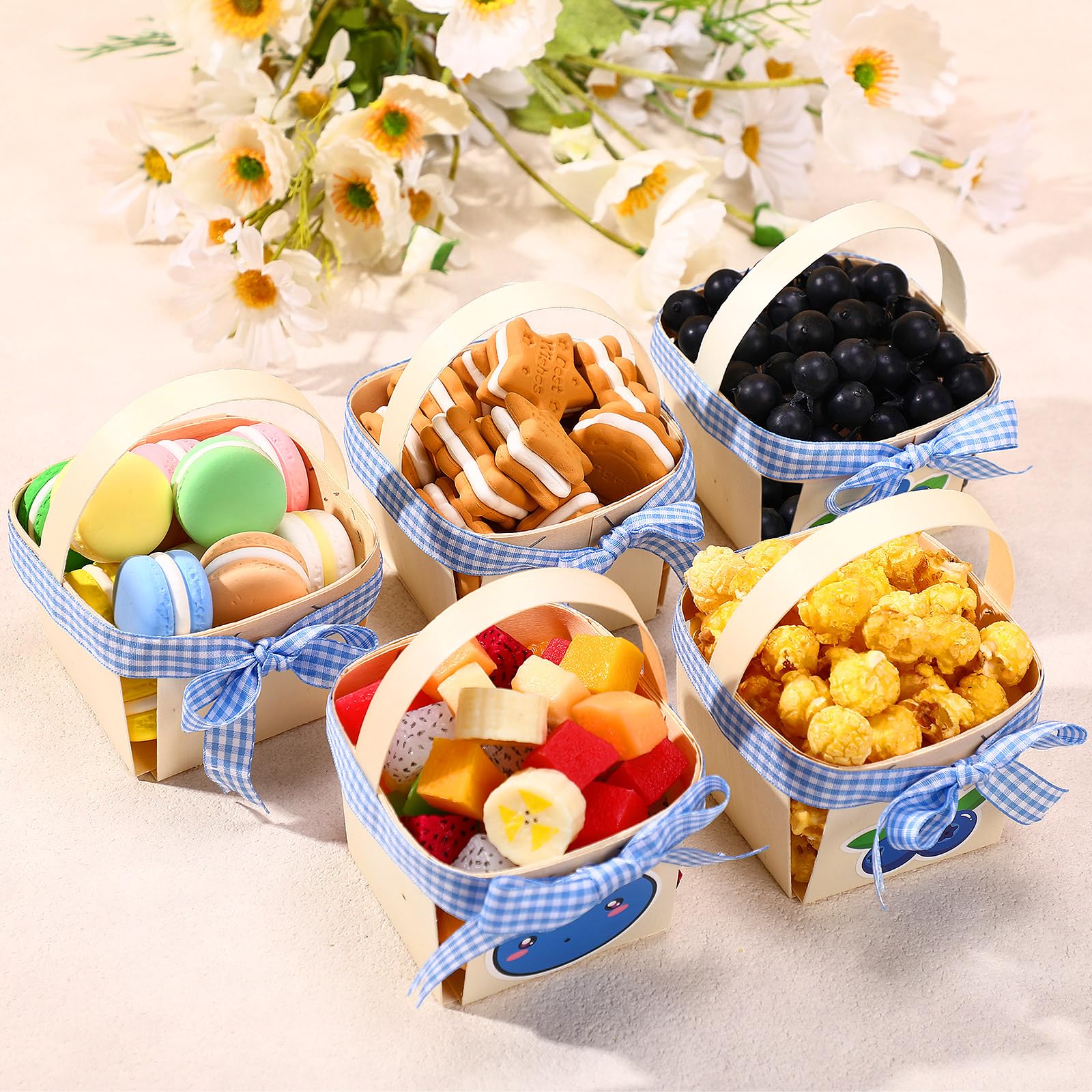 Seeloowy 77 Pcs/30 Sets One Pint Wood Berry Basket with Handle with Blueberry Stickers and Blue Gingham Ribbon 4 Small Gifts Bas