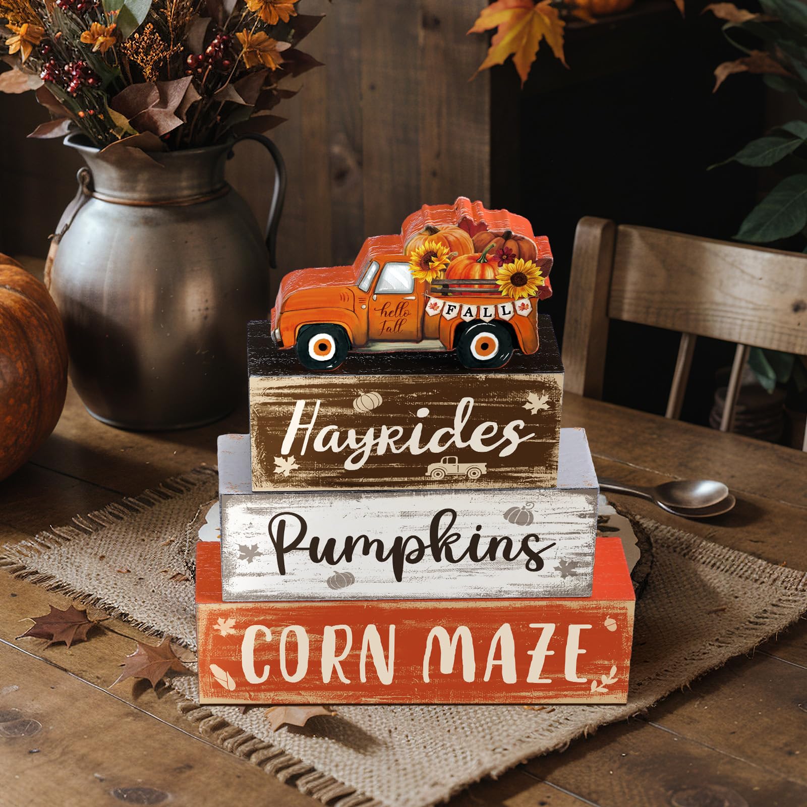 4 Pcs Fall Thanksgiving Decor for Home Truck Pumpkin Wooden Signs with Sayings Autumn Thanksgiving Tiered Tray Decor Fall Hay Ri