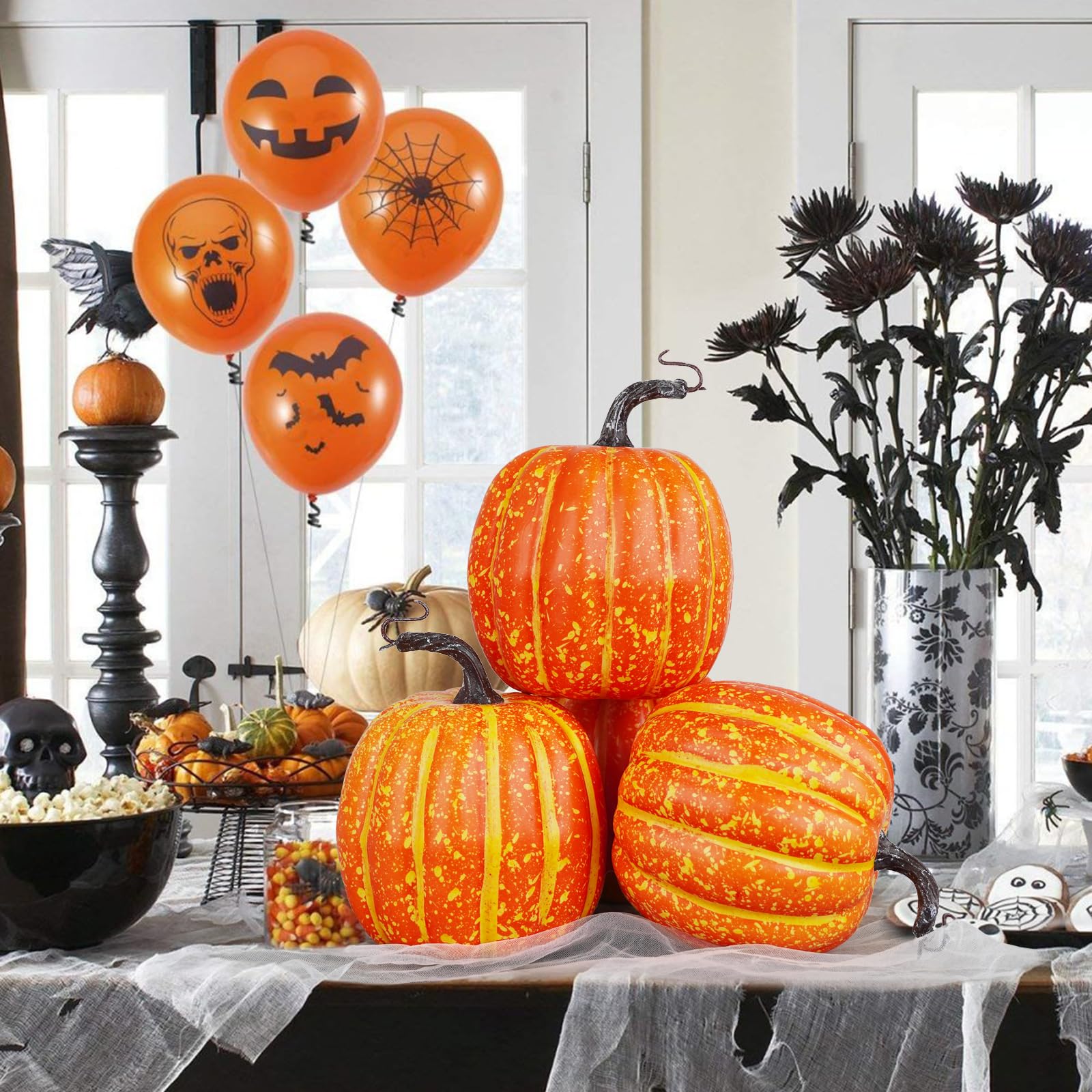 Artmag 6 Inch Large Artificial Pumpkins, 4PCS Big Orange Drawing Line Faux Foam Harvest Pumpkins for Fall Thanksgiving Holiday D