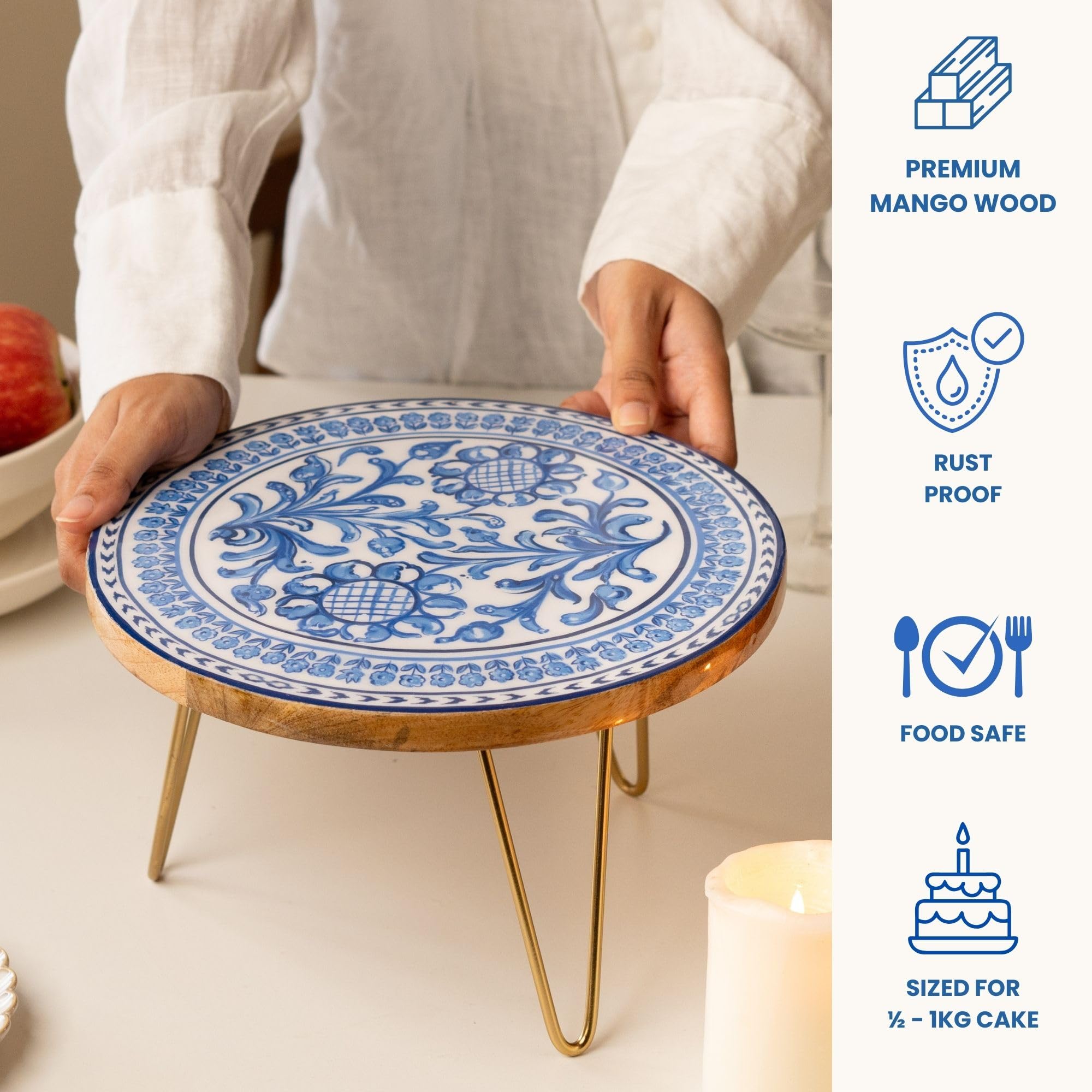 Ritualistic Holland Wooden Cake Stand With Metal Legs | Elegant Cake Display For Decoration & Cutting | Round Dessert Tray For C