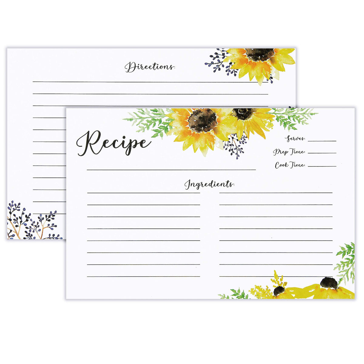 Outshine Premium Recipe Cards 4X6 Inches, Sunflower Design (Set Of 50) | No-Smear Double Sided Cardstock | Bulk Blank Recipe Car