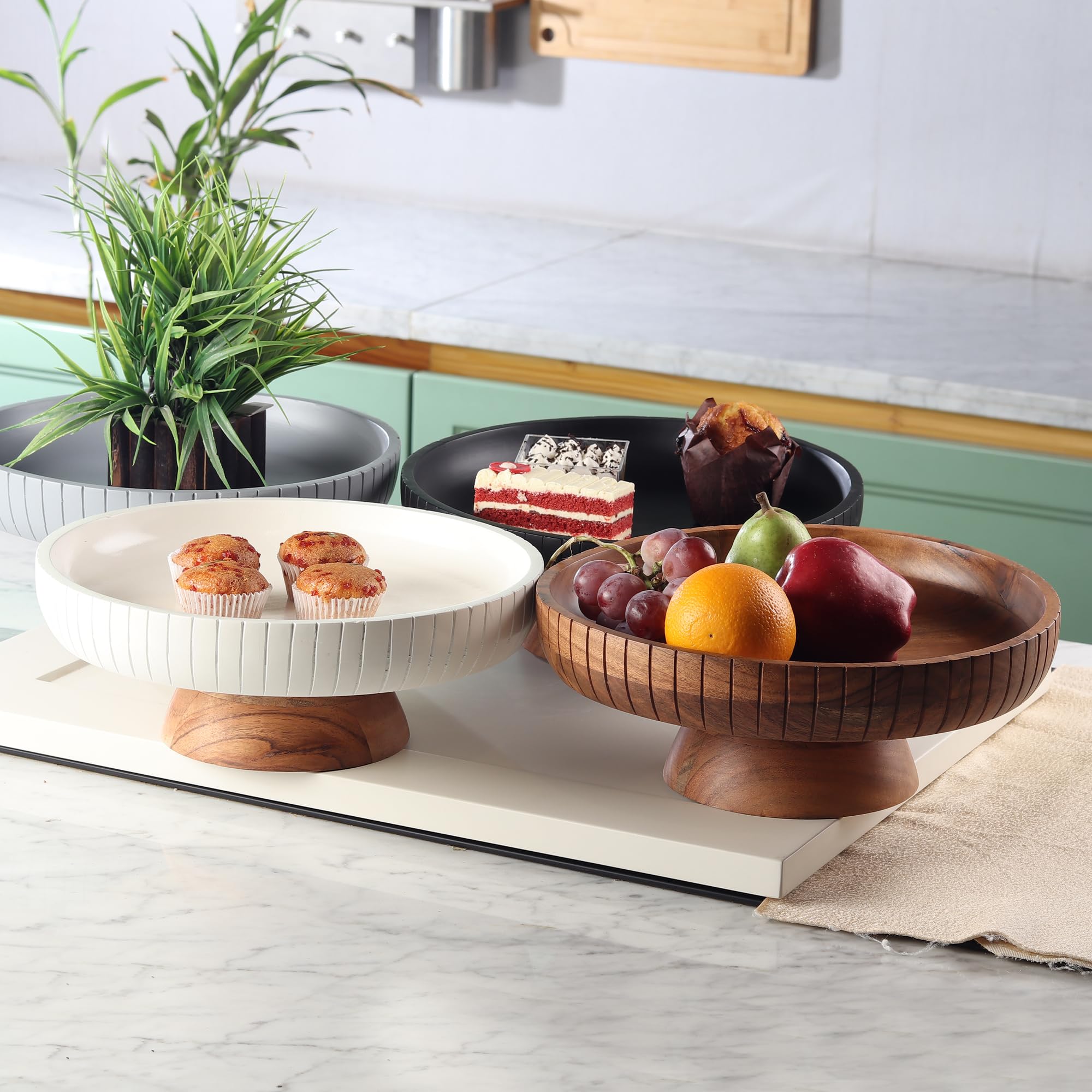 Lavauk Mango Wood Fruit Bowl, Decorative Black Bowl With Natural Finish Pedestal | 12'' Dia | Dual Tone Look | Use As Centerpiec