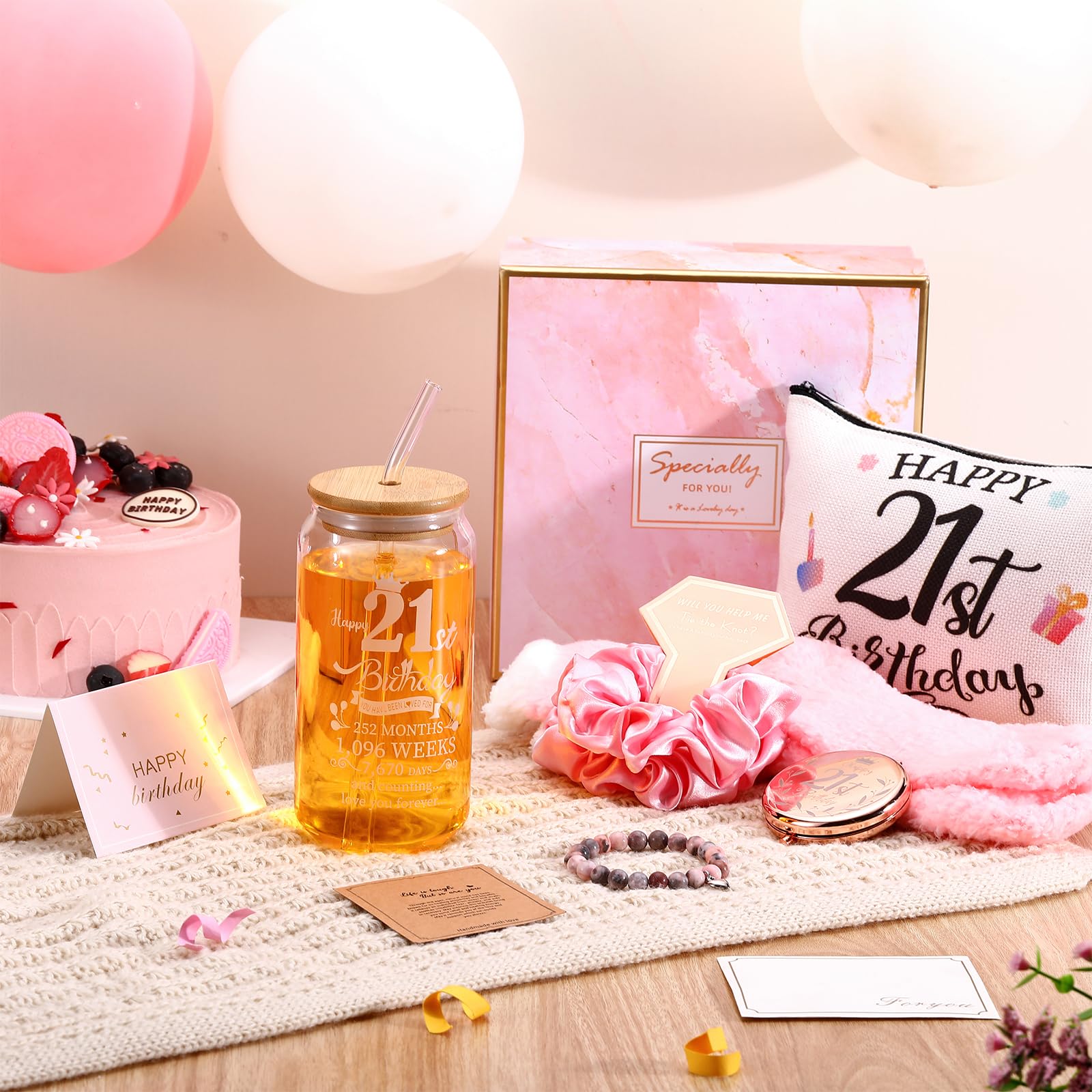 Yungyan 9 Pcs 21St Birthday Gifts For Her Bday Gift Basket Include Makeup Bag 18 Oz Glass Cup With Lid Glass Straw Socks Keychai
