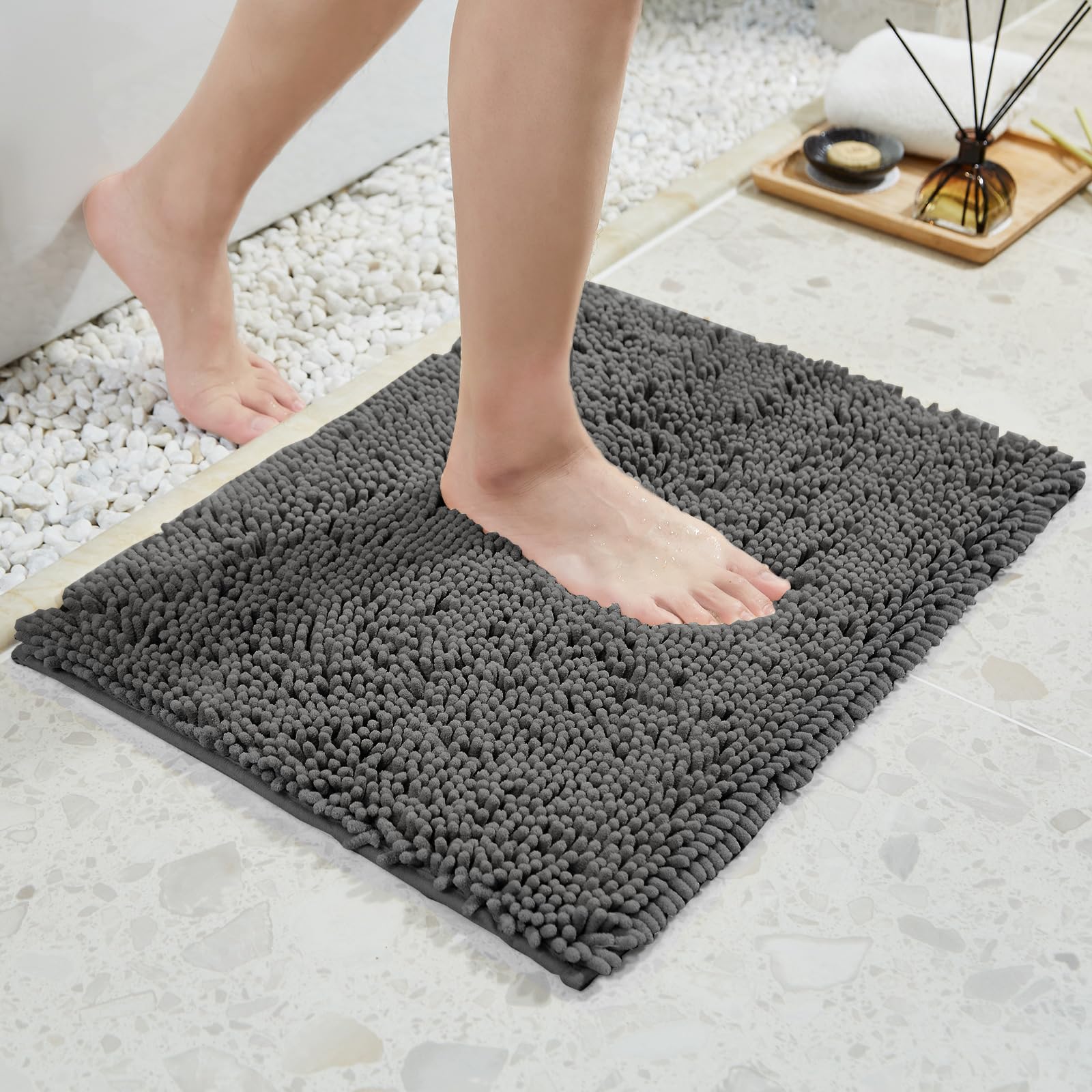 TECHMILLY Soft Fluffy Chenille Bathroom Rugs  Non Slip Absorbent Bath Mats for Bathroom  Washable and Quick Dry  Grey  17'' x 24''