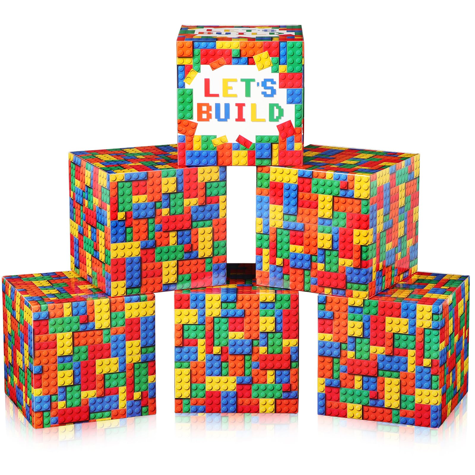 Kolldenn 6 Pcs Large Building Block Party Decorations Boxes, 12 Inch Brick Theme Cardboard Box Backdrop Props Boxes for Building