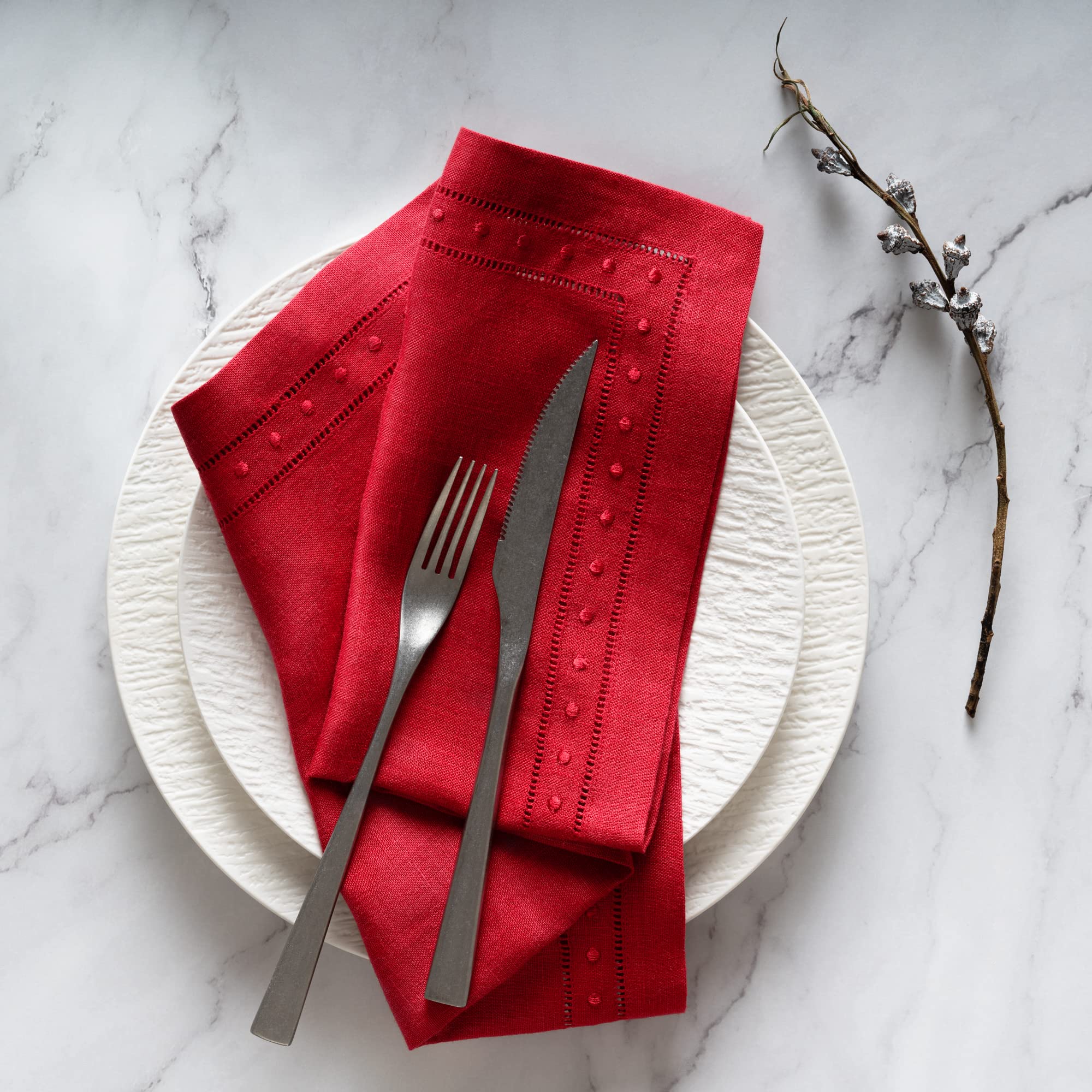 Linen Napkins Set Of 4-100% Pure Linen Red Embroidered Dinner Napkins - Hemstitch Cloth Napkins Washable For Valentines Day