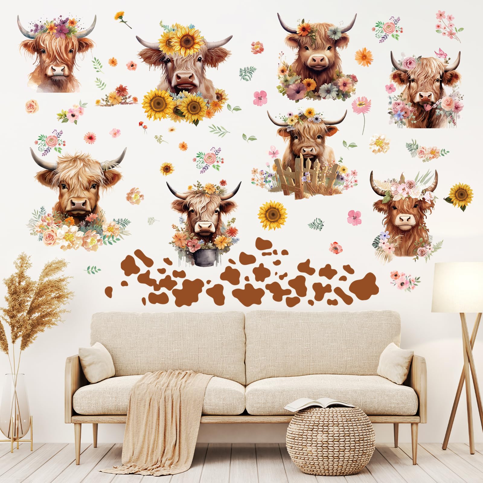 Wxiben Highland Cow Wall Decals - Cow Print Wall Stickers Decor Flower Wall Sticker Removable Floral Wall Murals Peel And Stick
