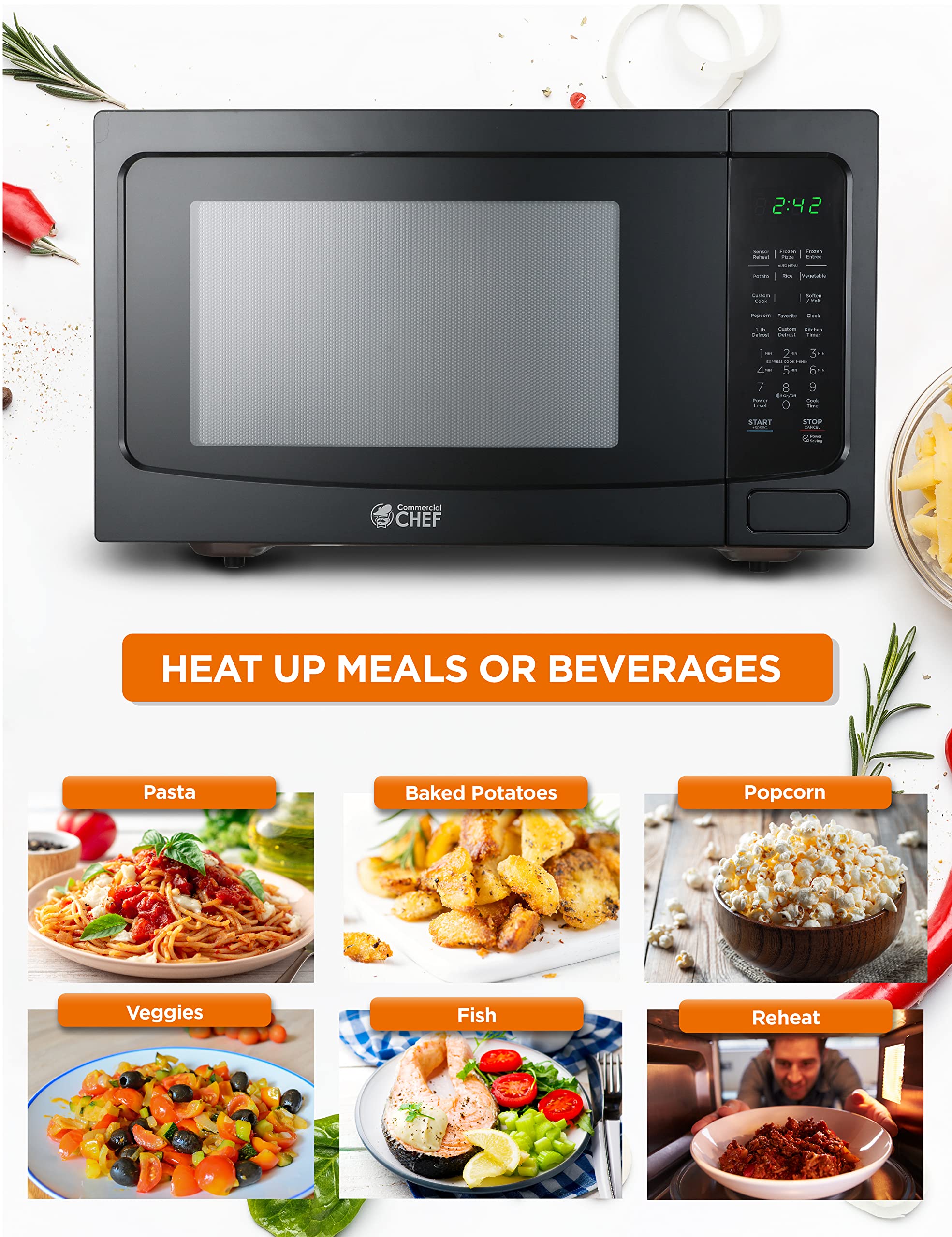 Commercial Chef 1.6 Cubic Foot Microwave With 10 Power Levels, Small Microwave With Push Button Child Safety Lock, 1100 Watt Mic