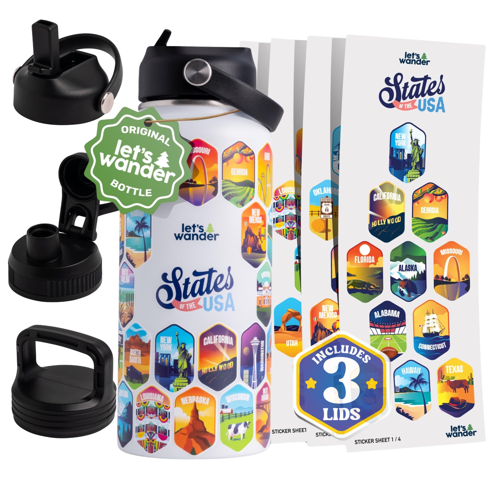 LET S WANDER 50 States Water Bottle with 3 Lids and 50 Waterproof Stickers - 32oz Leakproof Insulated Stainless Steel with Straw