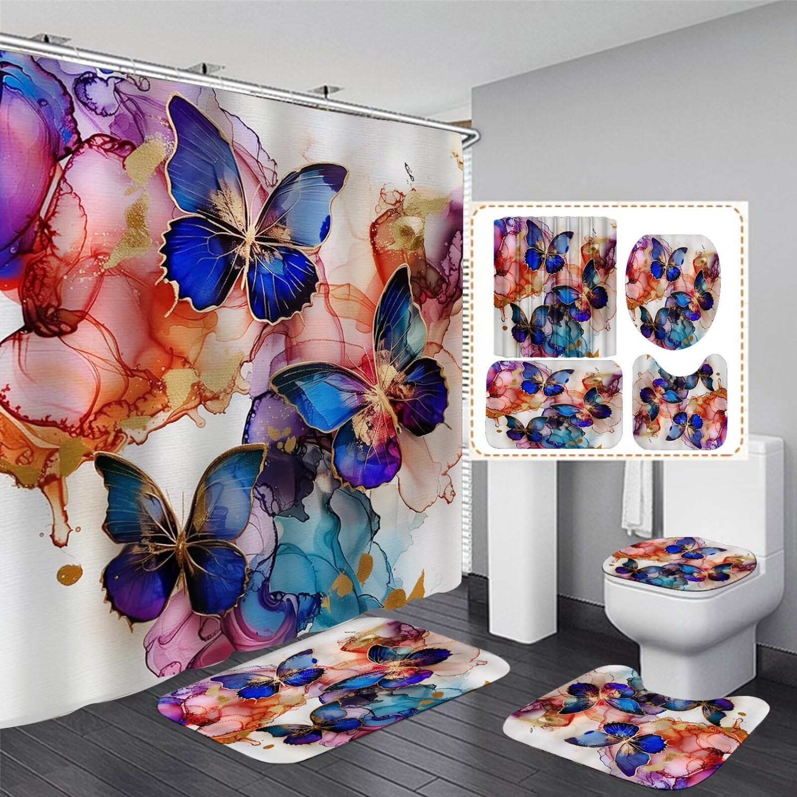 Pretyw 4 Pcs Romantic Blue Butterfly Shower Curtain Set Watercolor Pink Flowers Bathroom Sets Modern Home Bathroom Decor With Ru