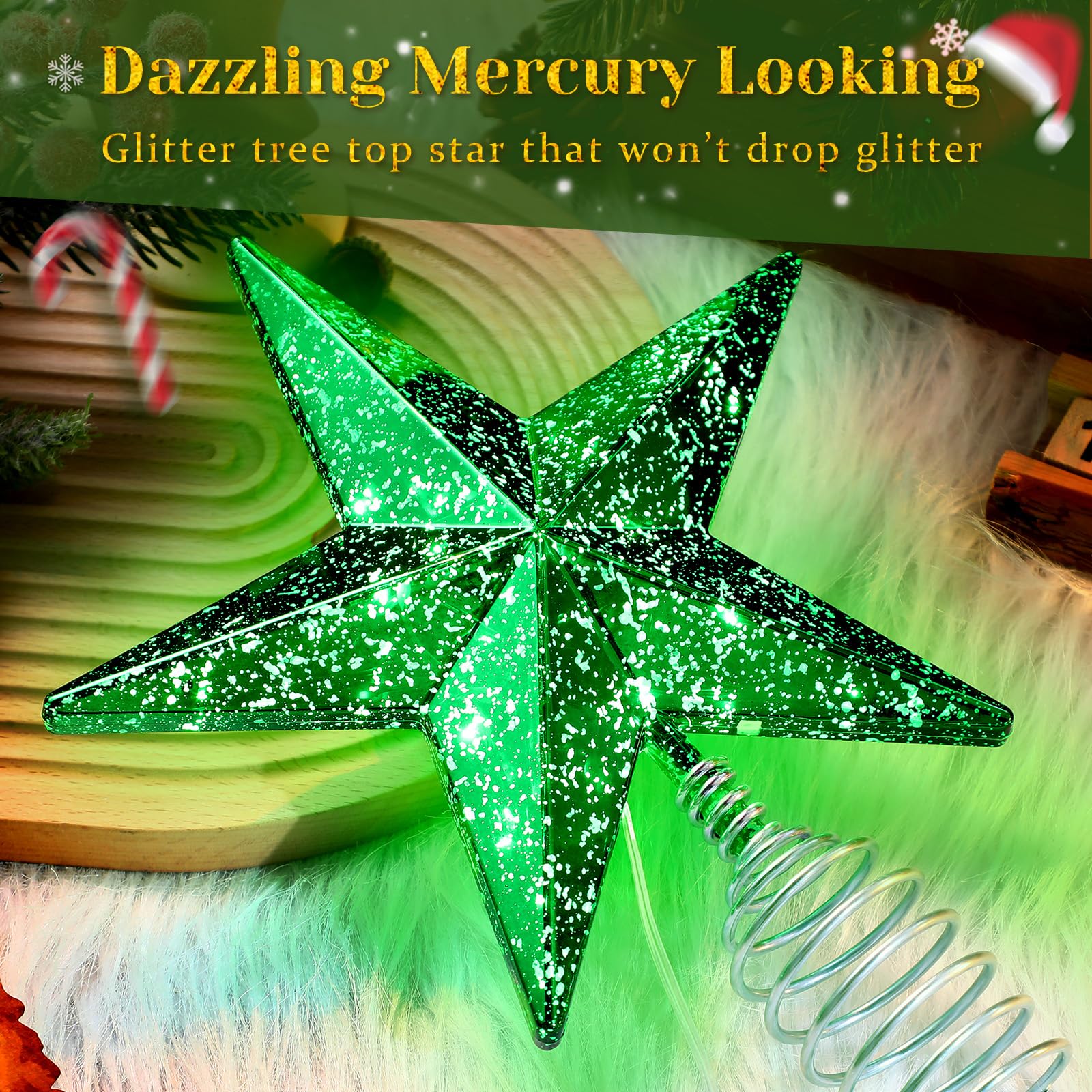 Green Christmas Tree Star Topper with Lights, 8.5-Inch Light-Up Christmas Tree Topper with Remote Control, 4 Brightness Levels &