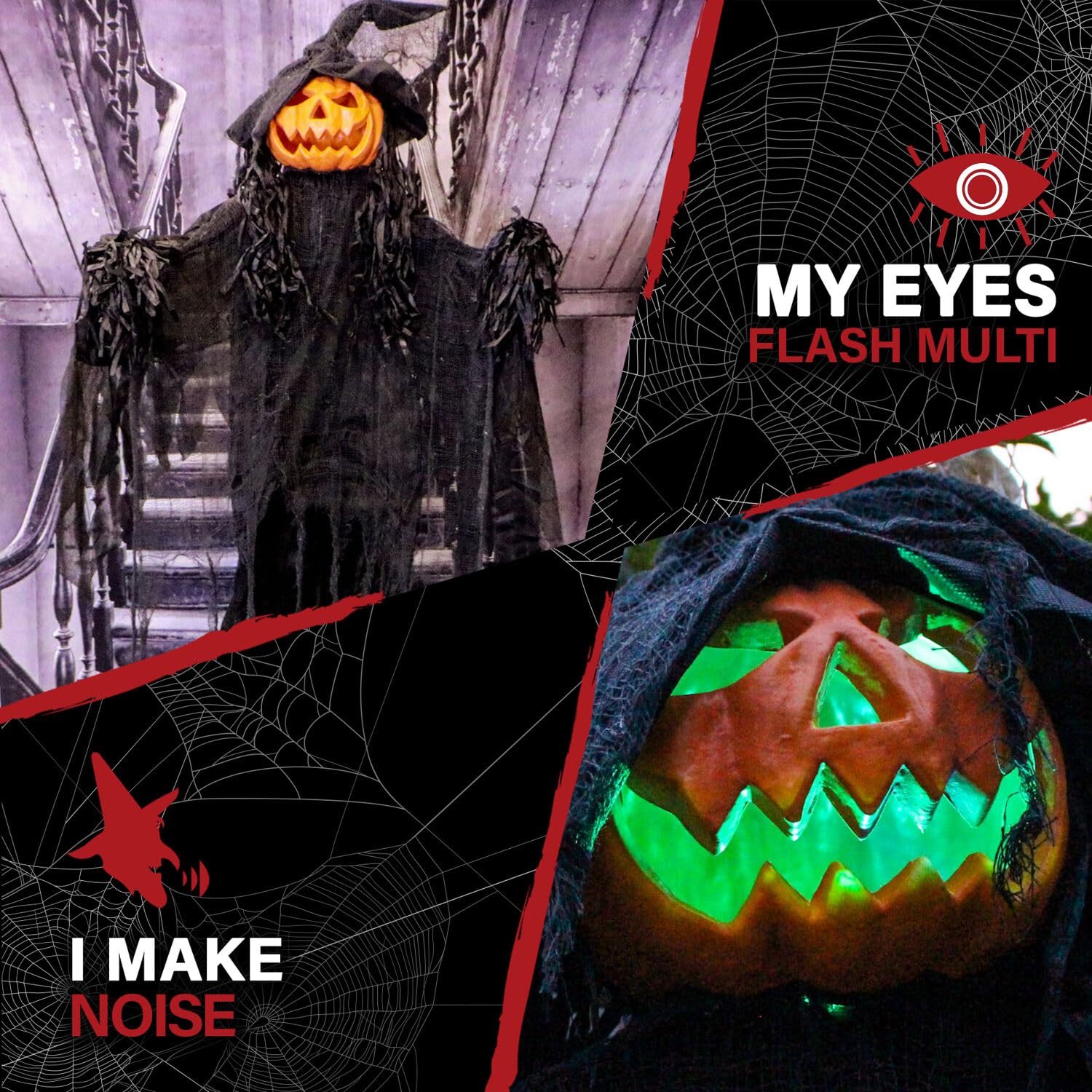 Haunted Hill Farm Life-Size Scary Poseable Pumpkin Witch, Halloween Prop with Touch Activated Lights and Sound, Battery Operated