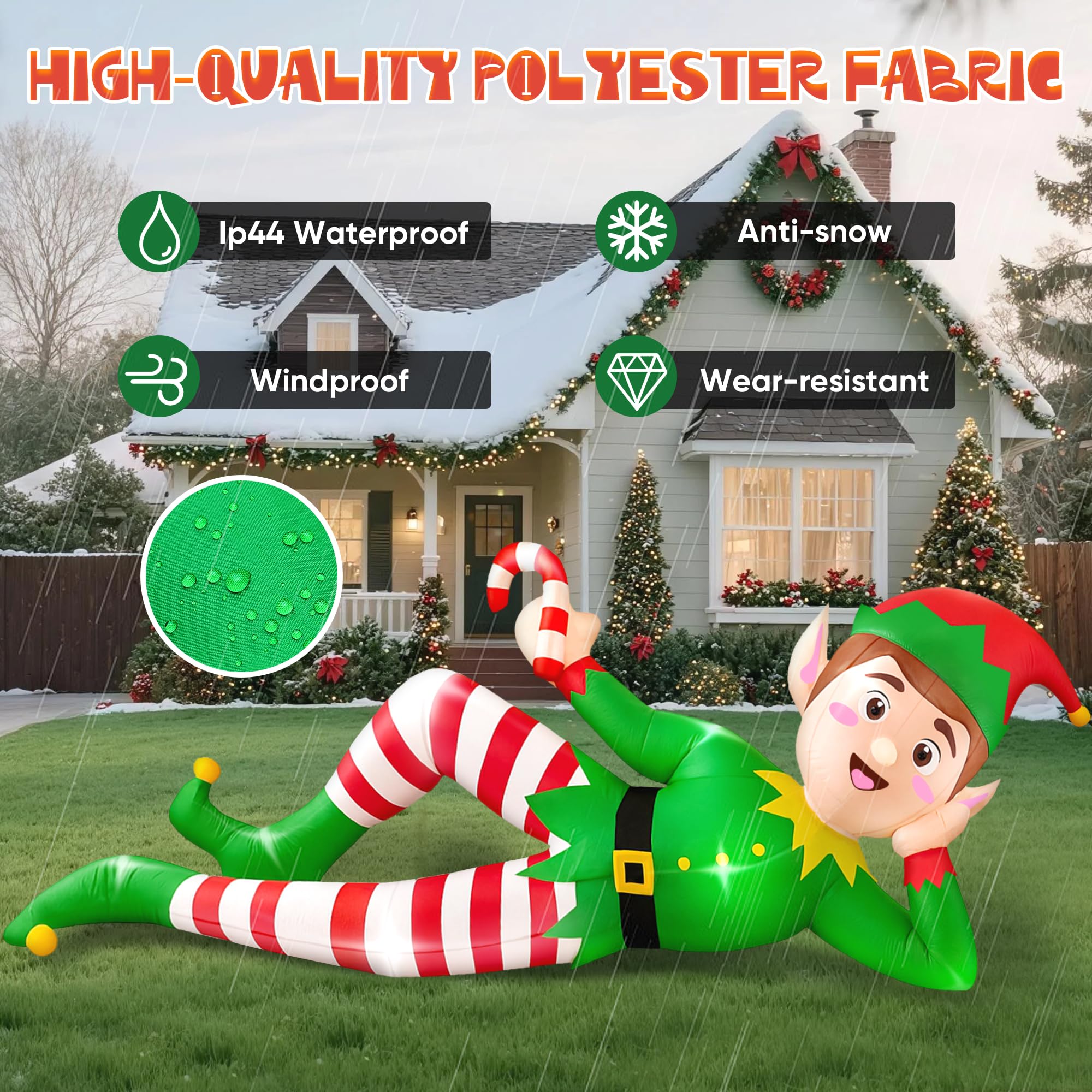 CORALMEE 8FT Christmas Inflatable Outdoor Decoration, Lying Elf Christmas Blow up Yard Decorations with Built-in LED Lights, Gia