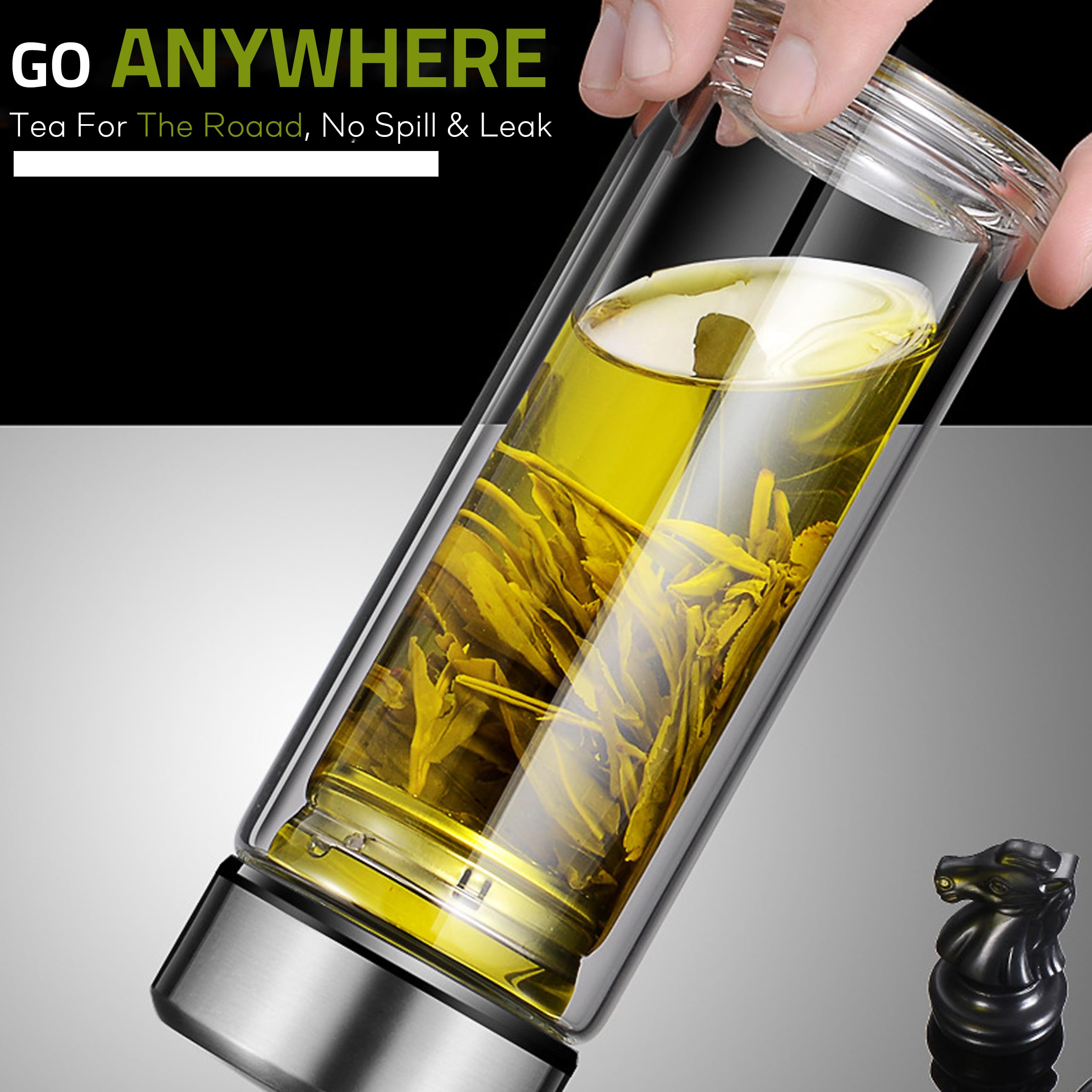 Pauzema Tea Tumbler With Infuser, 20Oz Tea Bottle With 2 In 1 Infuser, Double Wall Borosilicate Glass Tea Bottle 100% Leak-Proof