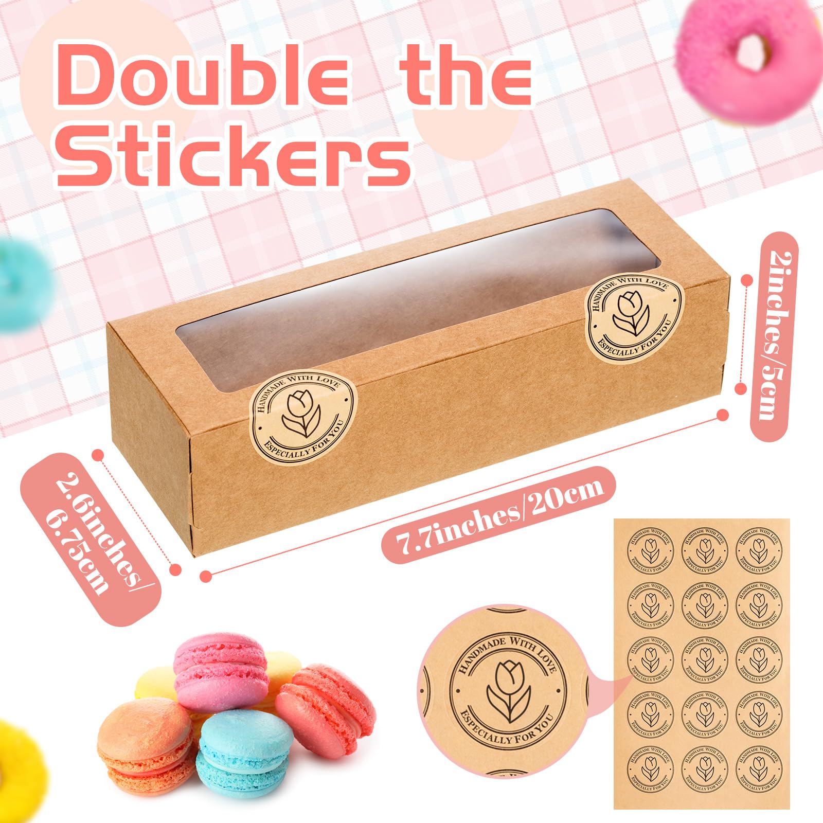 Sherr 50 Pcs Brown Macaron Boxes with Window, Cookies Boxes with 200 Pcs Stickers Long Bakery & Dessert Gifts Containers for Don