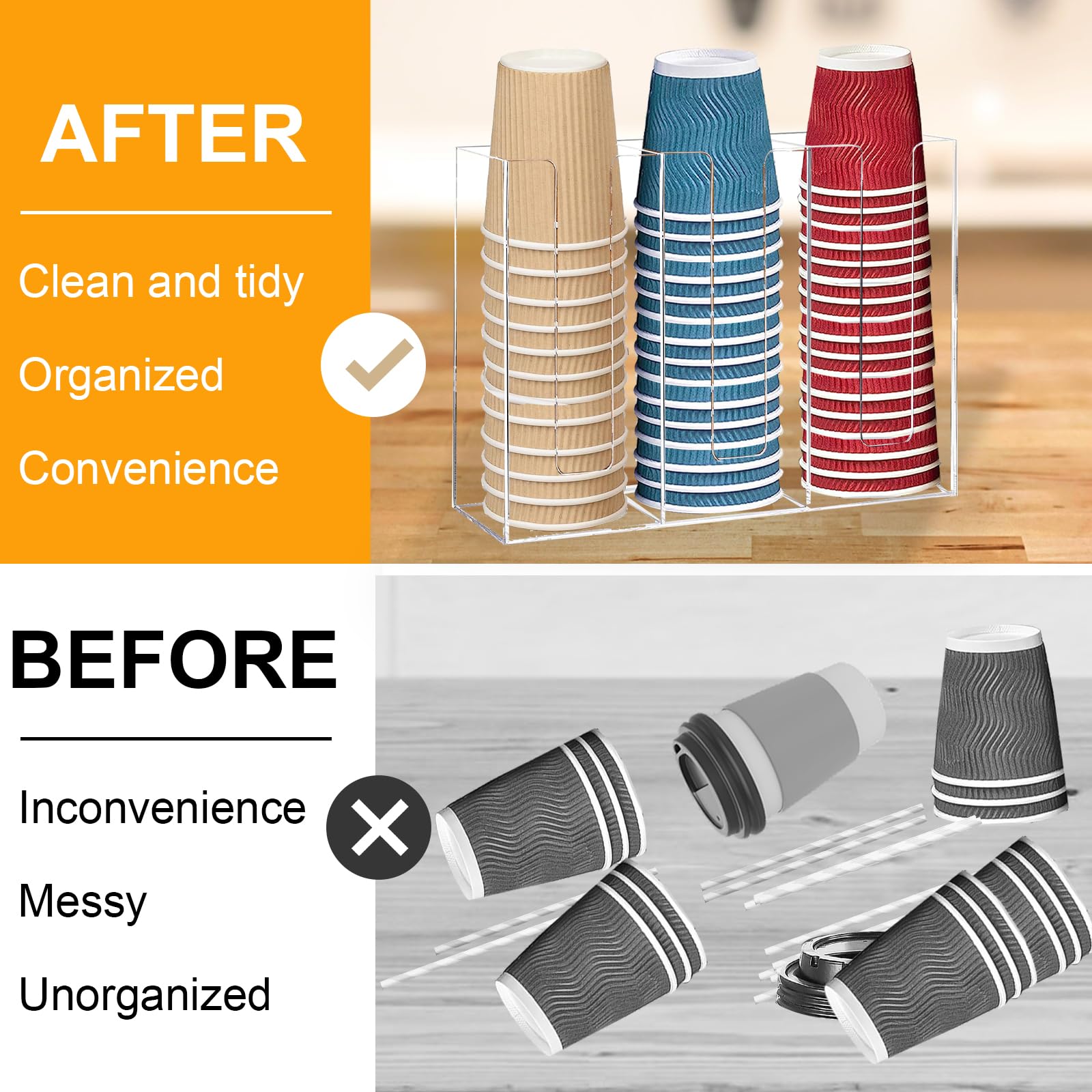 Coffee Cup Dispenser For Counter,Disposable Cup Lids And Straw Holder With 3 Compartments, Wall Mount Cup Holder For Plastic,Pap