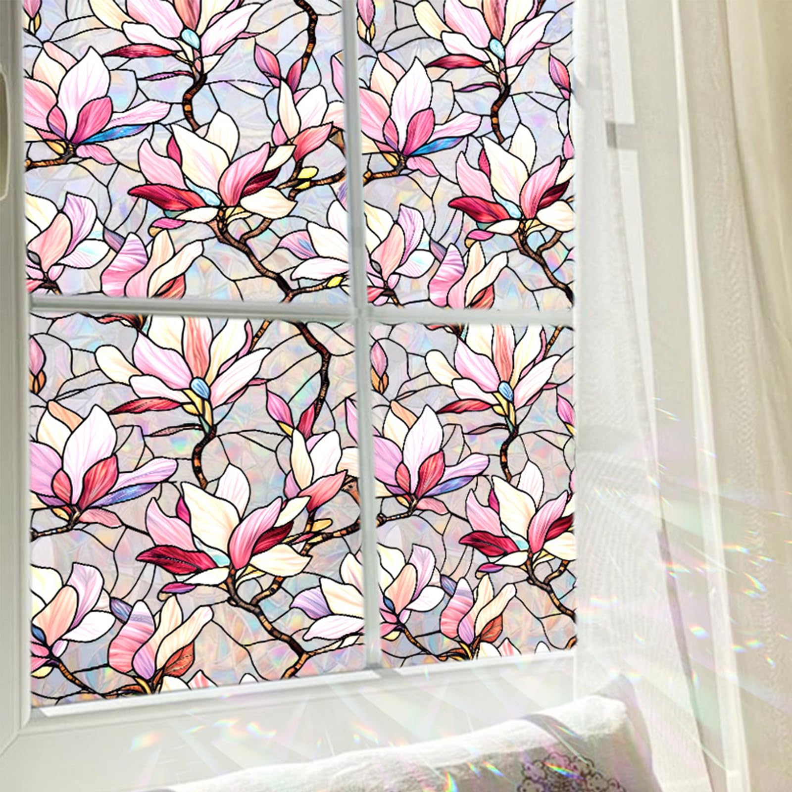 WBQMUNY Magnolia Flowers Window Privacy Film,Stained Glass Window Film Decorative, Static Cling Rainbow Window Cling, Heat Contr