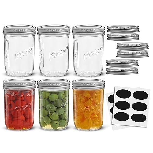 16 Oz Mason Jars With Lids, Labels And Measures 6-Pack Wide Mouth Mason Jars, Glass Jar With Lid And Band Airtight Canning Jars,