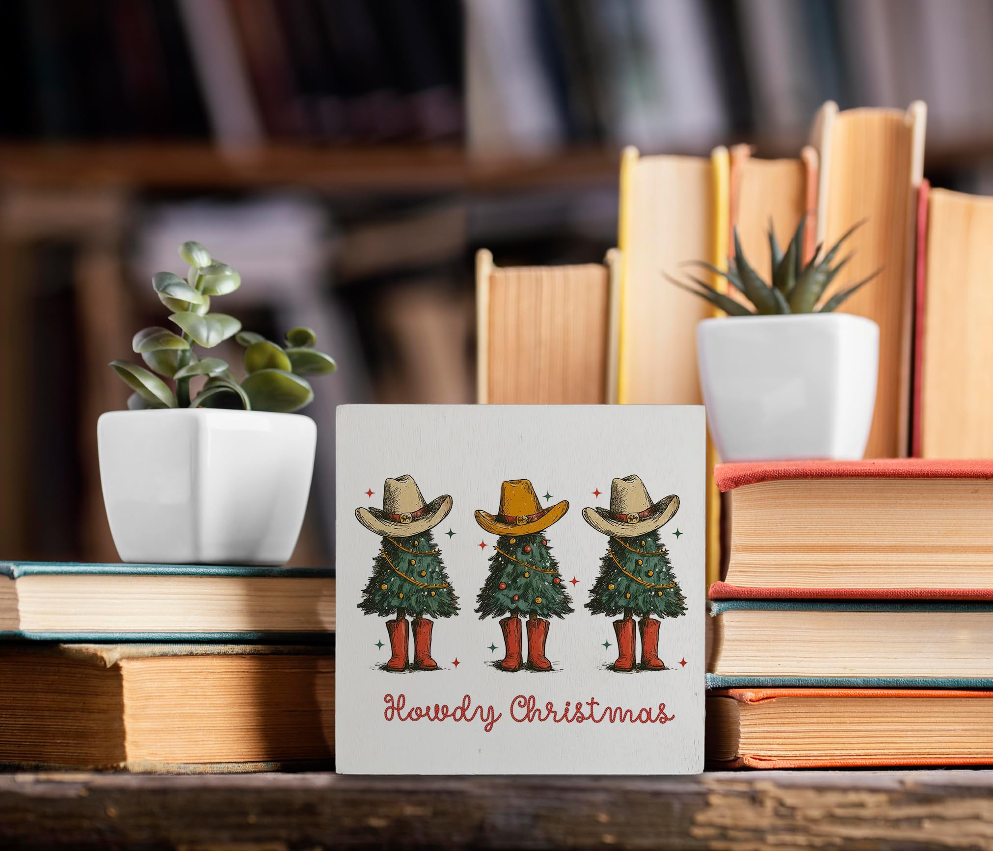 kunlisa Howdy Western Christmas Tree Wooden Sign, Christmas Cowboy Decor, Xmas Tree Southwestern Boots Holiday Wood Box Sign for