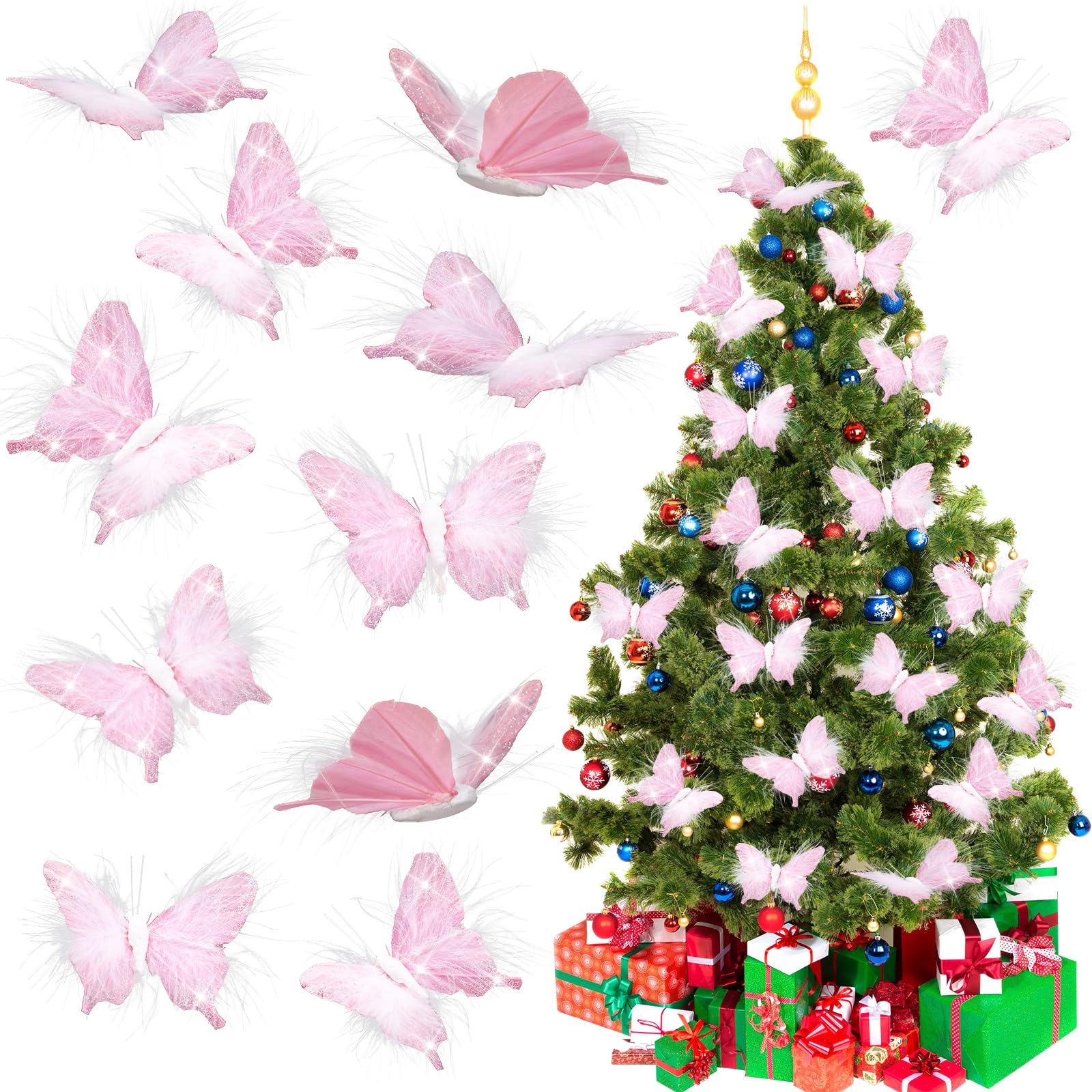 Knitgrip 24 Pcs Christmas Tree Glitter Butterflies Ornaments White Feather Butterfly with Glitters Clip on Artificial Butterflie