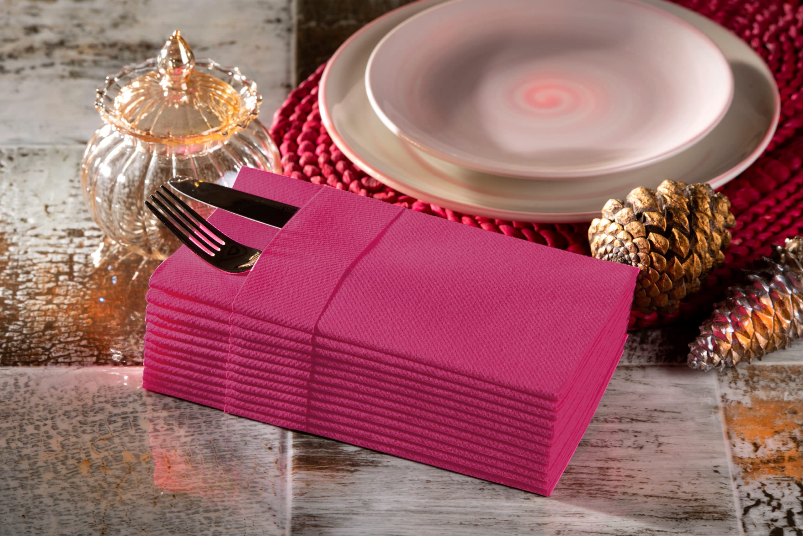 Fuchsia Dinner Napkins Cloth Like with Built-in Flatware Pocket  Linen-Feel Absorbent Disposable Paper Hand Napkins for Kitchen  Bathroom  Parties  Weddings  Dinners or Events  1/8 Fold  Pack of 50