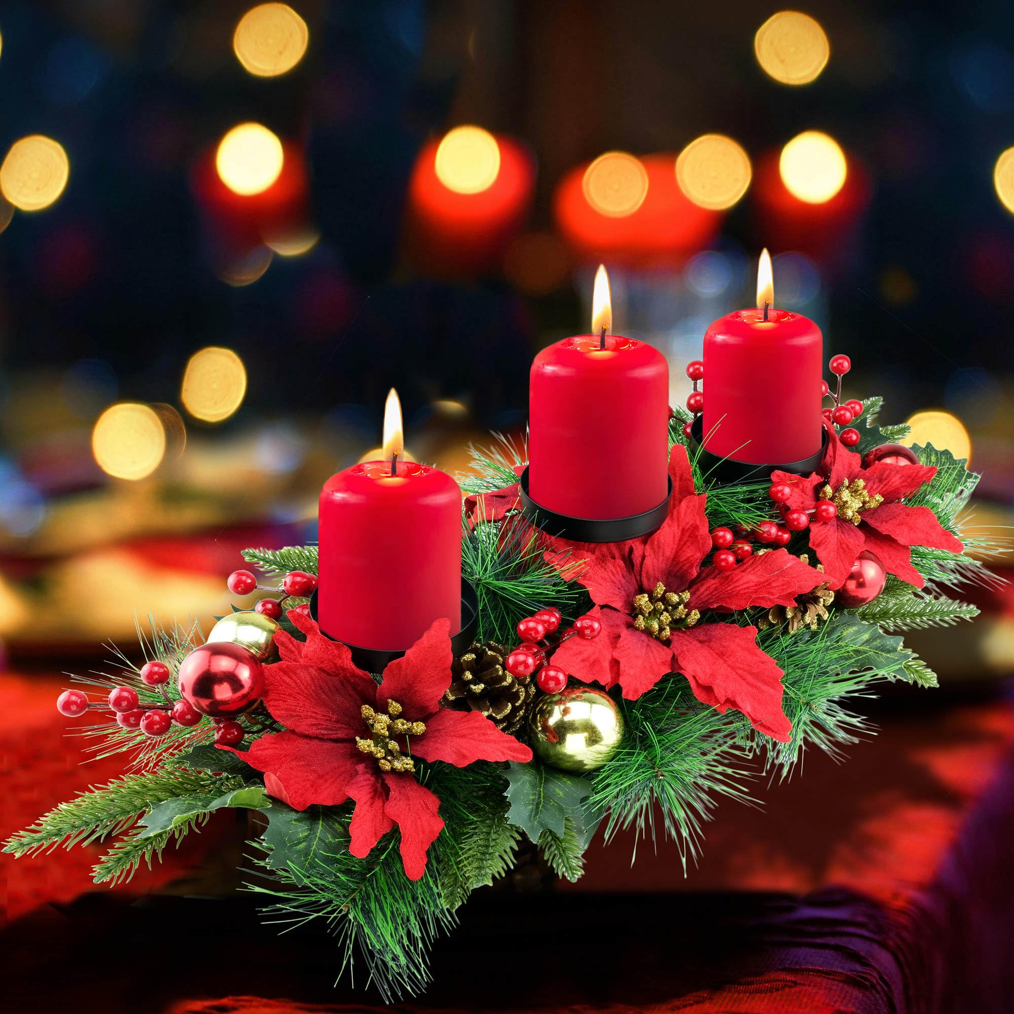 YULETIME 28 Christmas Triple Candelabrum, Holiday Candle Holder with Three Trays, Poinsettia, Red and Gold Baubles, Natural Pine