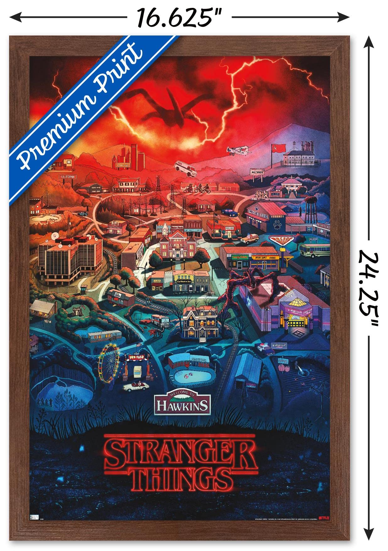 Trends International Netflix Stranger Things: Season 4 - Hawkins, Indiana Wall Poster, 14.725'' X 22.375'', Mahogany Framed Vers