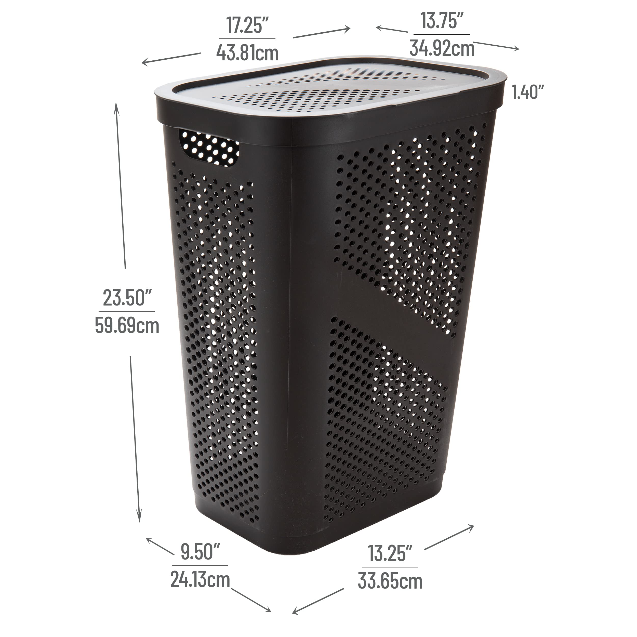 Mind Reader 60L Slim Laundry Hamper, Clothes Basket, Lid, Ventilated, Plastic, 17.25''L X 13.75''W X 23.5''H, Brown