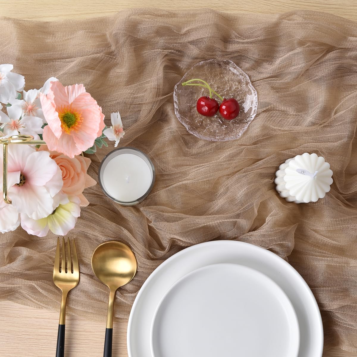 Joanlody Coffee Cheesecloth Table Runner Fall Thanksgiving 10Ft Rustic Gauze Boho Cheese Cloth Table Runner for Wedding Bridal B