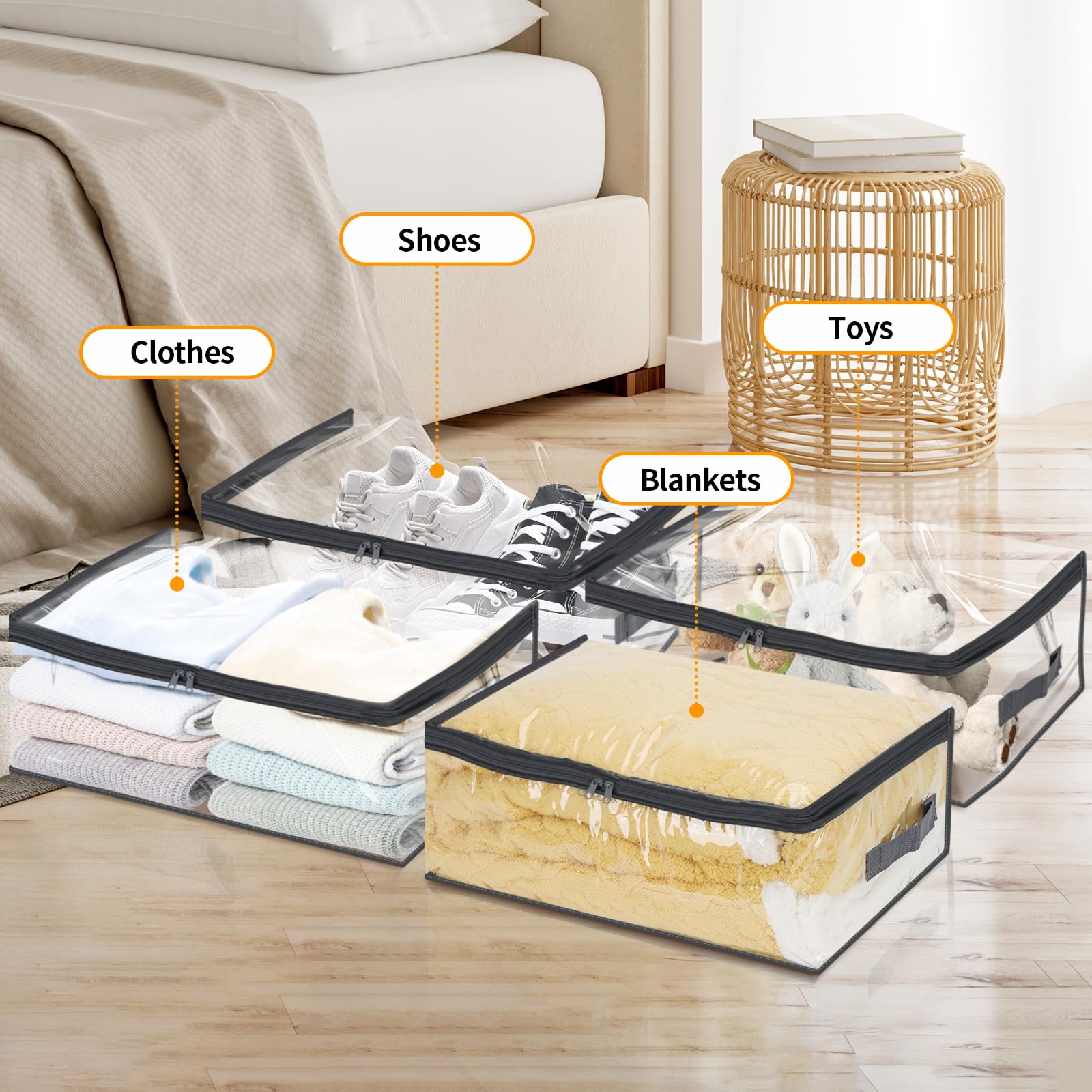 Fixwal 6pcs Clear Storage Bags with Zipper, 35L for Clothes, Bedding, Toys - Grey