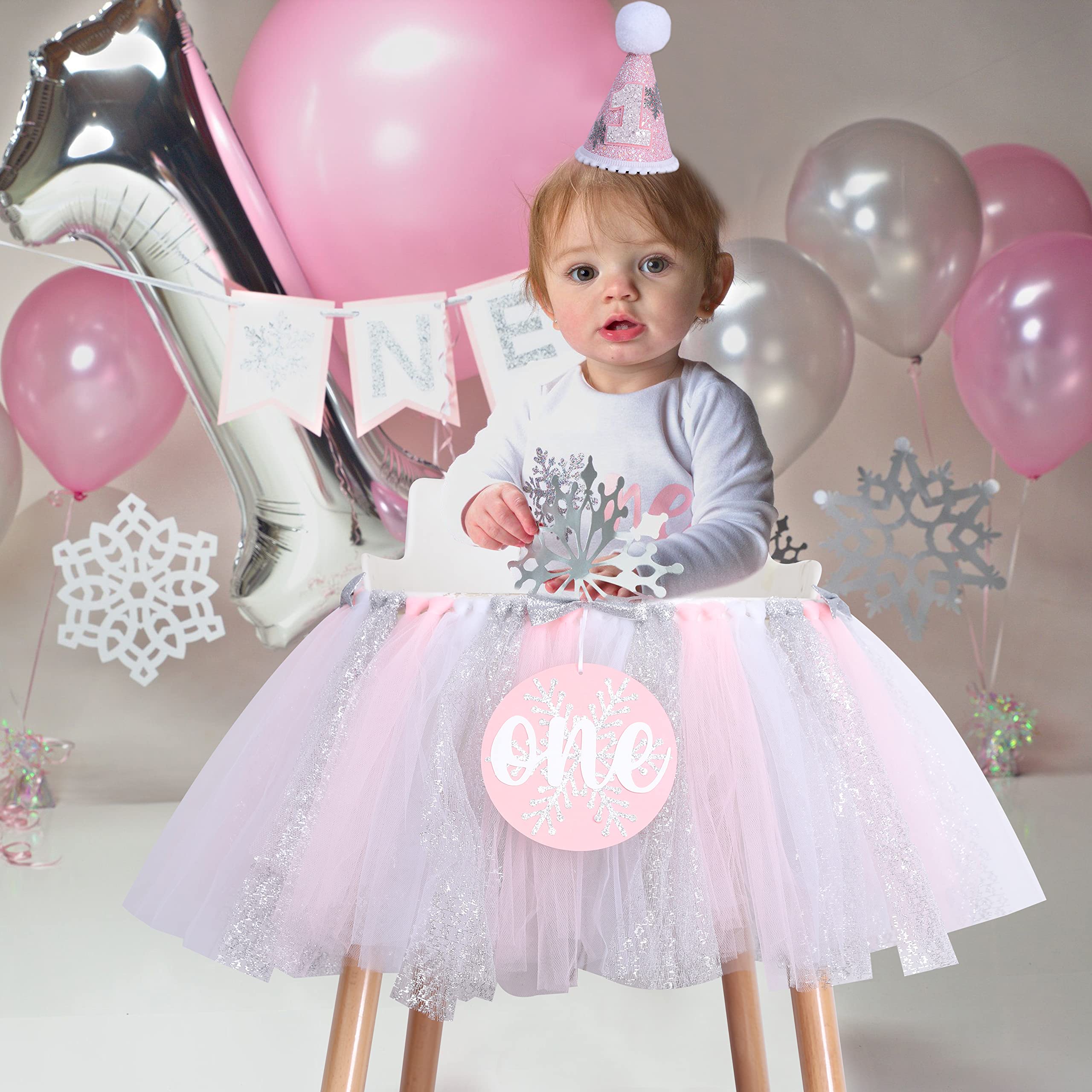 Winter Onederland 1St Birthday Banner Girl - Winter Pink Tutu High Chair, Snowflake First Birthday Decoration, Baby Photo Props,