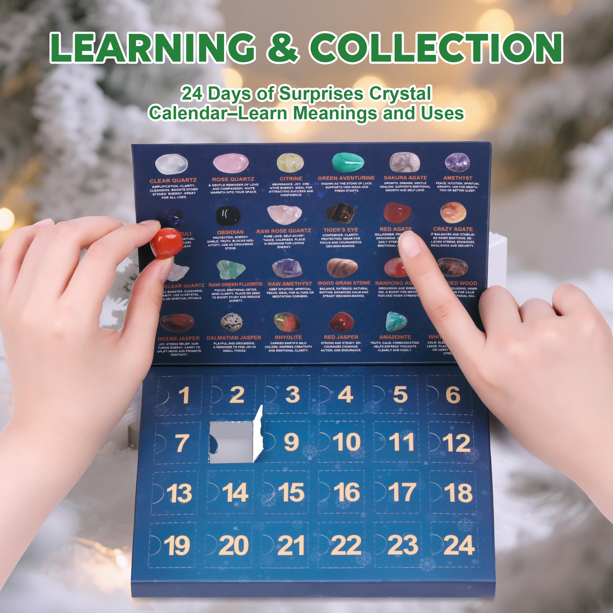 Crystal Advent Calendar 2025 for Kids, 24 Natural Gemstones & Healing Stones Advent Calendar with Geographic Gemstone Rocks and