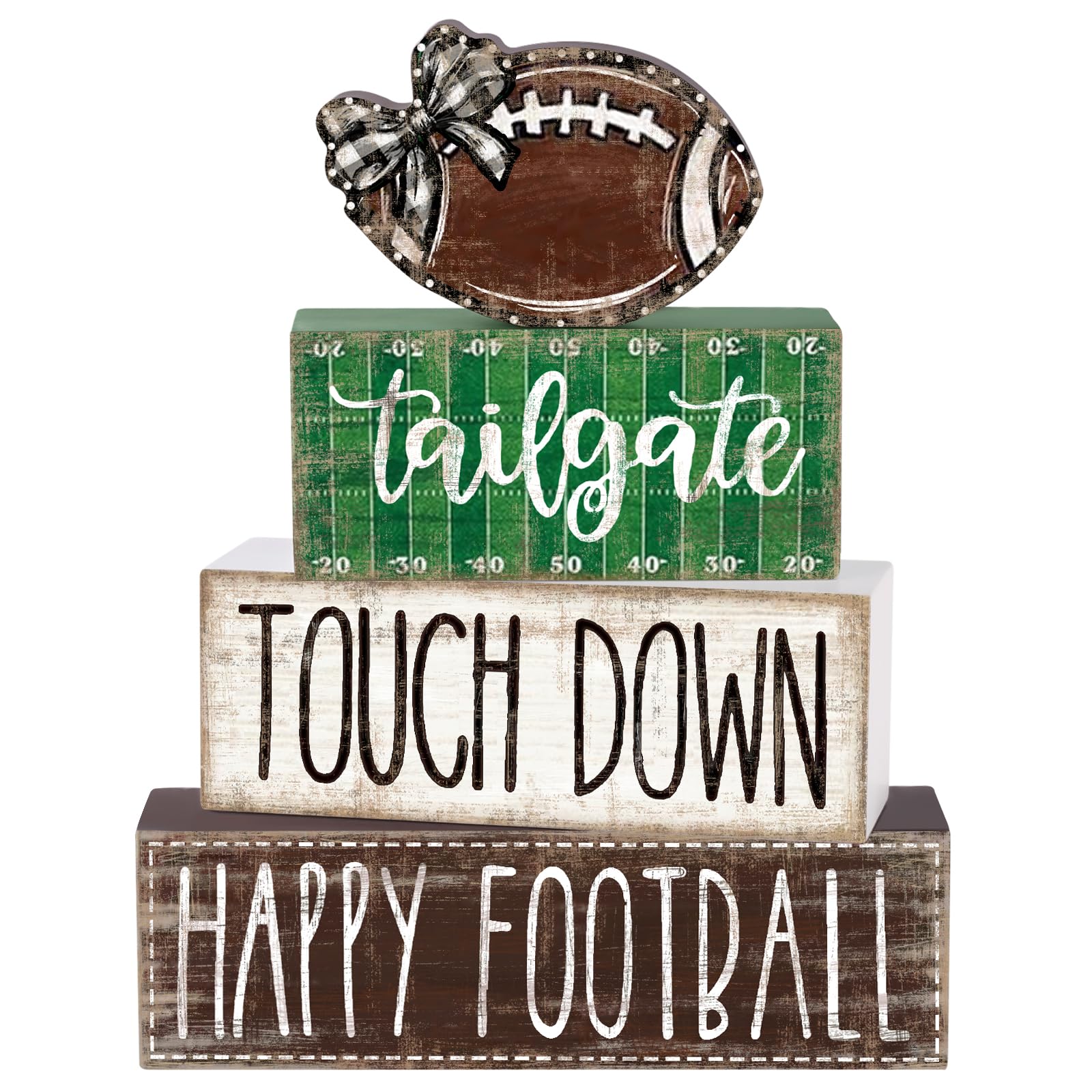 DIYDEC 4Pcs Football Table Decoration Happy Football Wooden Block Sign Fall Rugby Tiered Tray Decor Centerpiece Decorative Faux 