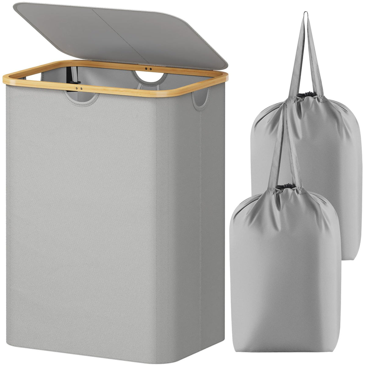 Lifewit 150L Laundry Basket With Lid, Clothes Hampers For Laundry With Bamboo Handles And 2 Removable Laundry Bags, Large Foldab
