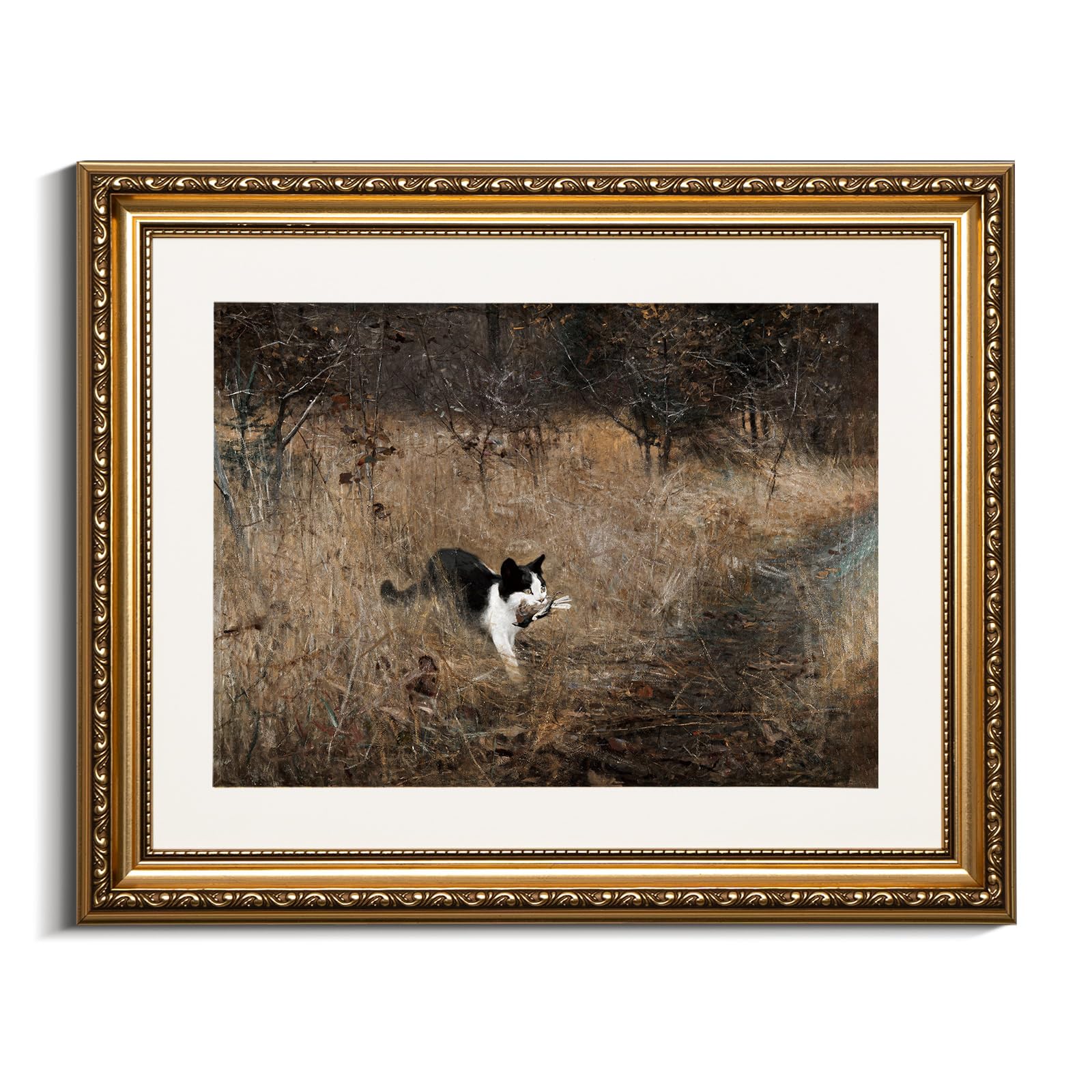 Viyyiea Gold Framed Wall Art Canvas Print Home Decor Cat Walll Art Funny Bathroom Decor Black Cat Holding A Bird Prints Artwork