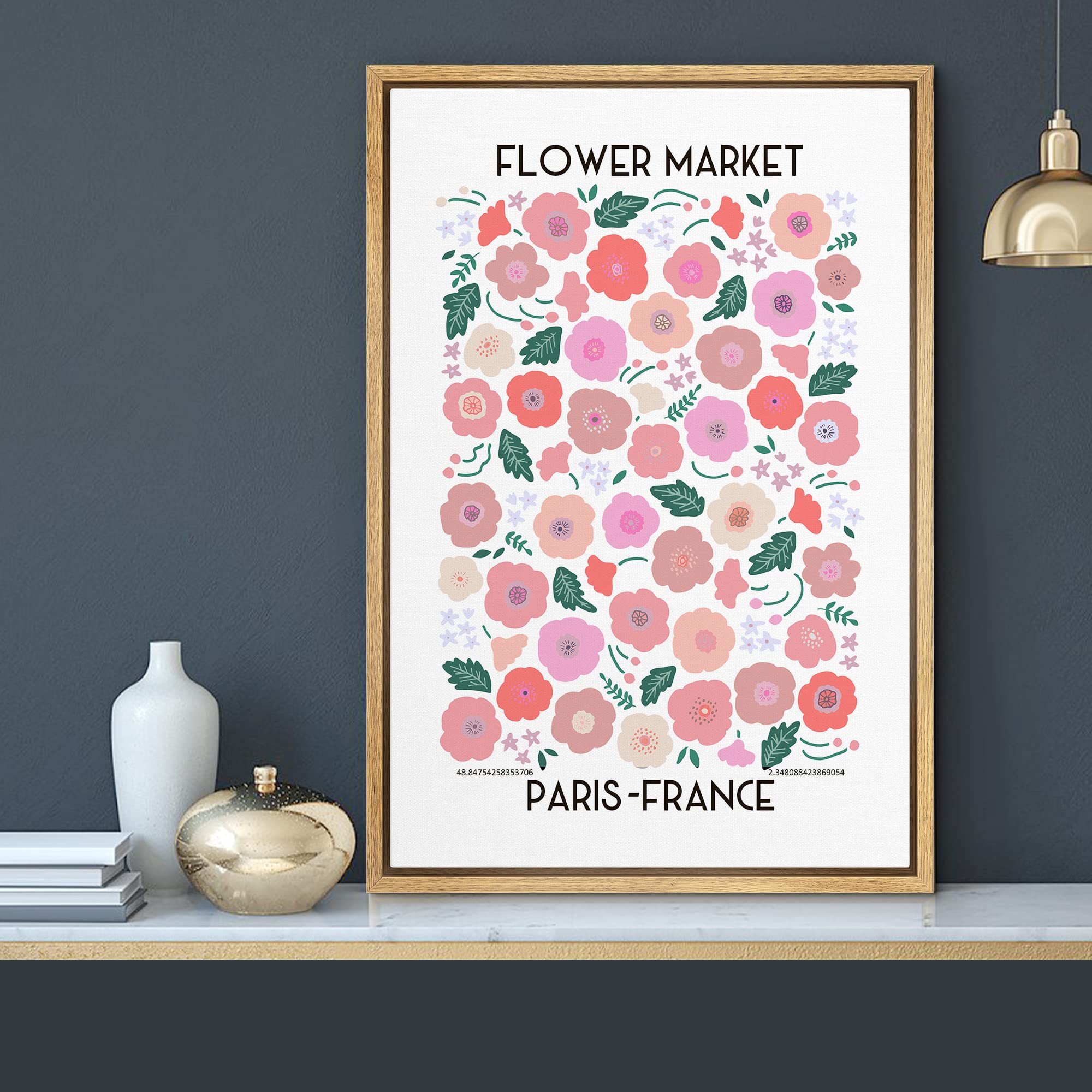 Mudecor Framed Canvas Print Wall Art Paris France Pink, Red & Green Flower Market Floral Nature Illustrations Modern Art Chic Co