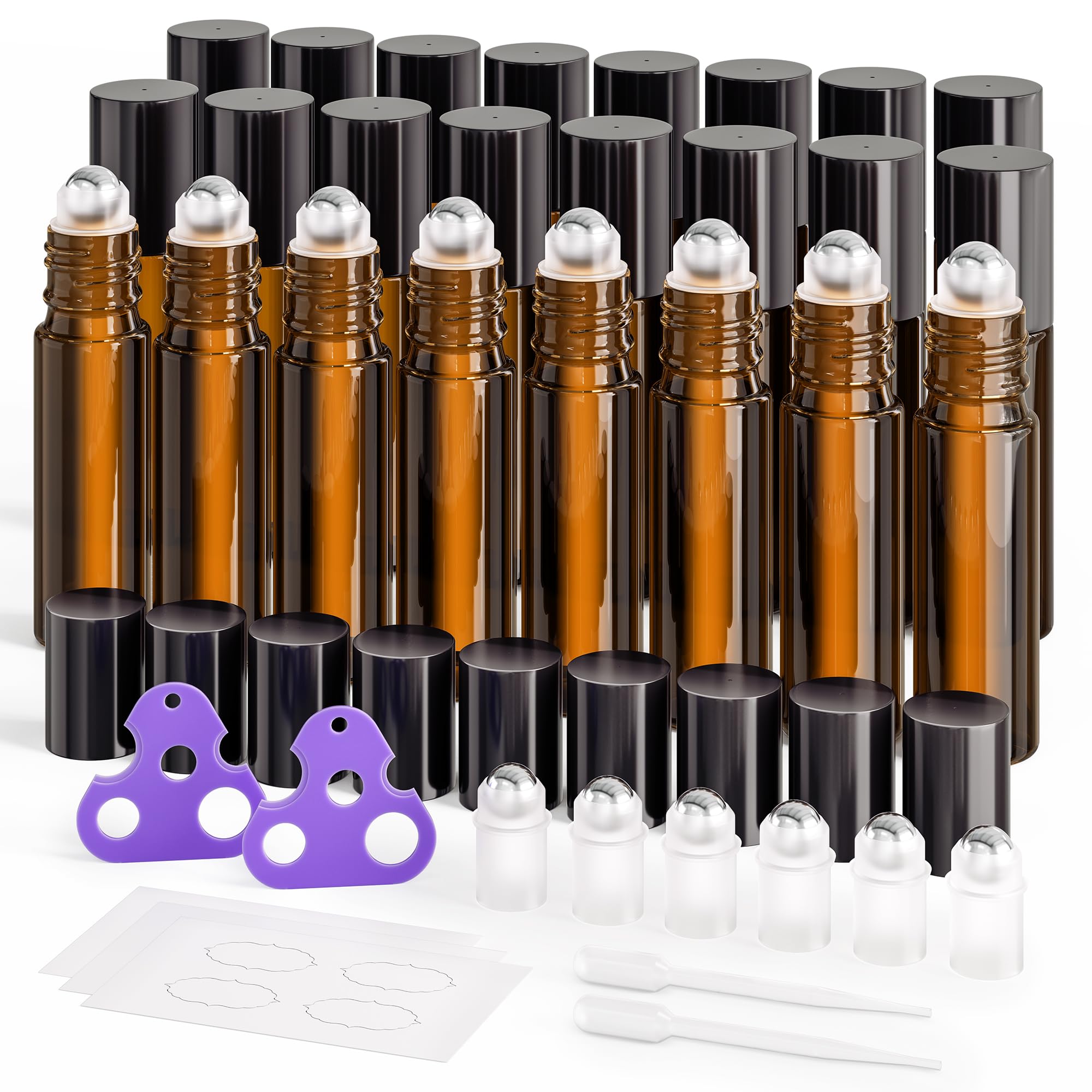 ULG 24-Pack Essential Oil Roller Bottles 10ml, Empty Bottles with Stainless Steel Roller Balls and Waterproof Labels, Amber Roll