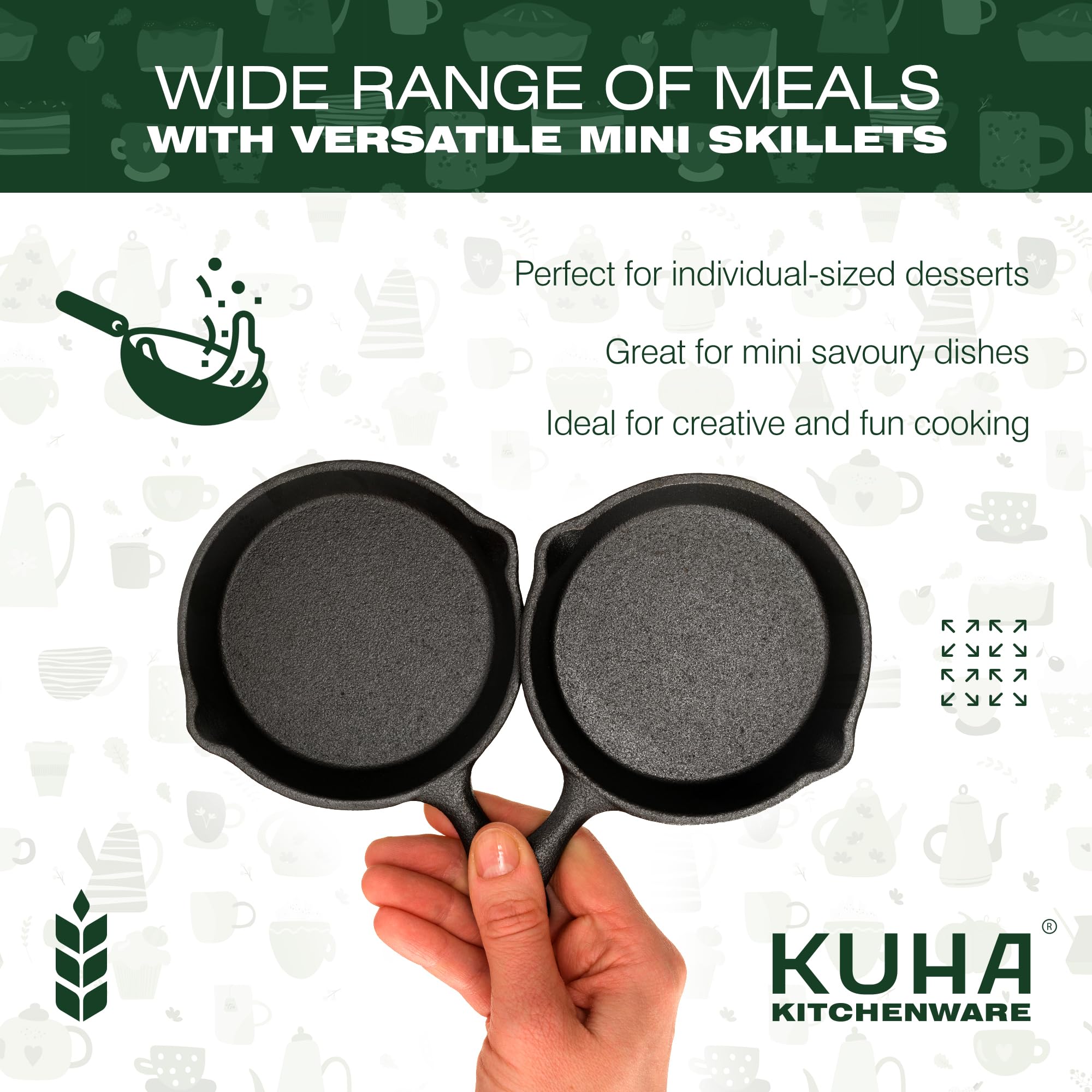 Kuha Mini Cast Iron Skillets 4    (Pack Of 6) - Black Non Stick Frying Pans With 6 Small Silicone Trivets And Scraper - Set Of M