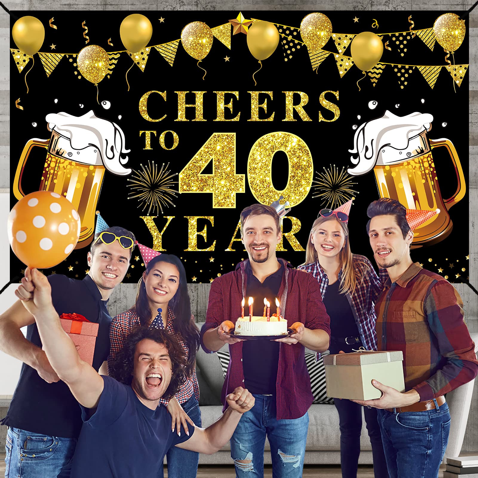 Lnlofen Large Cheers To 40 Years Banner Backdrop, Black Gold Happy 40Th Birthday Decorations Party Supplies, 40Th Anniversary Po