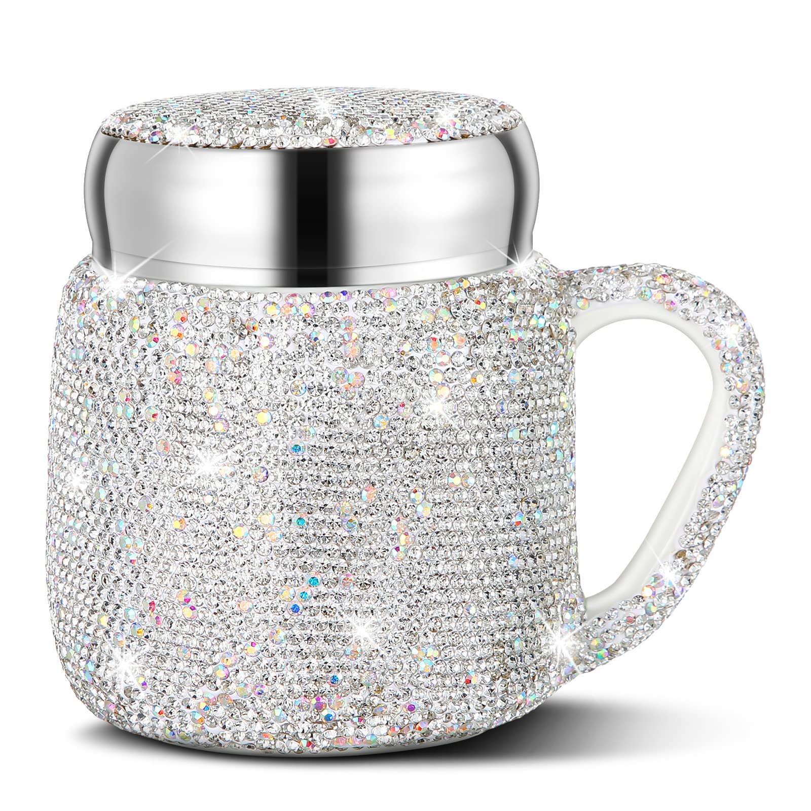 Meanplan Bling Rhinestone Coffee Cup with Lid Handle 13.5oz,White