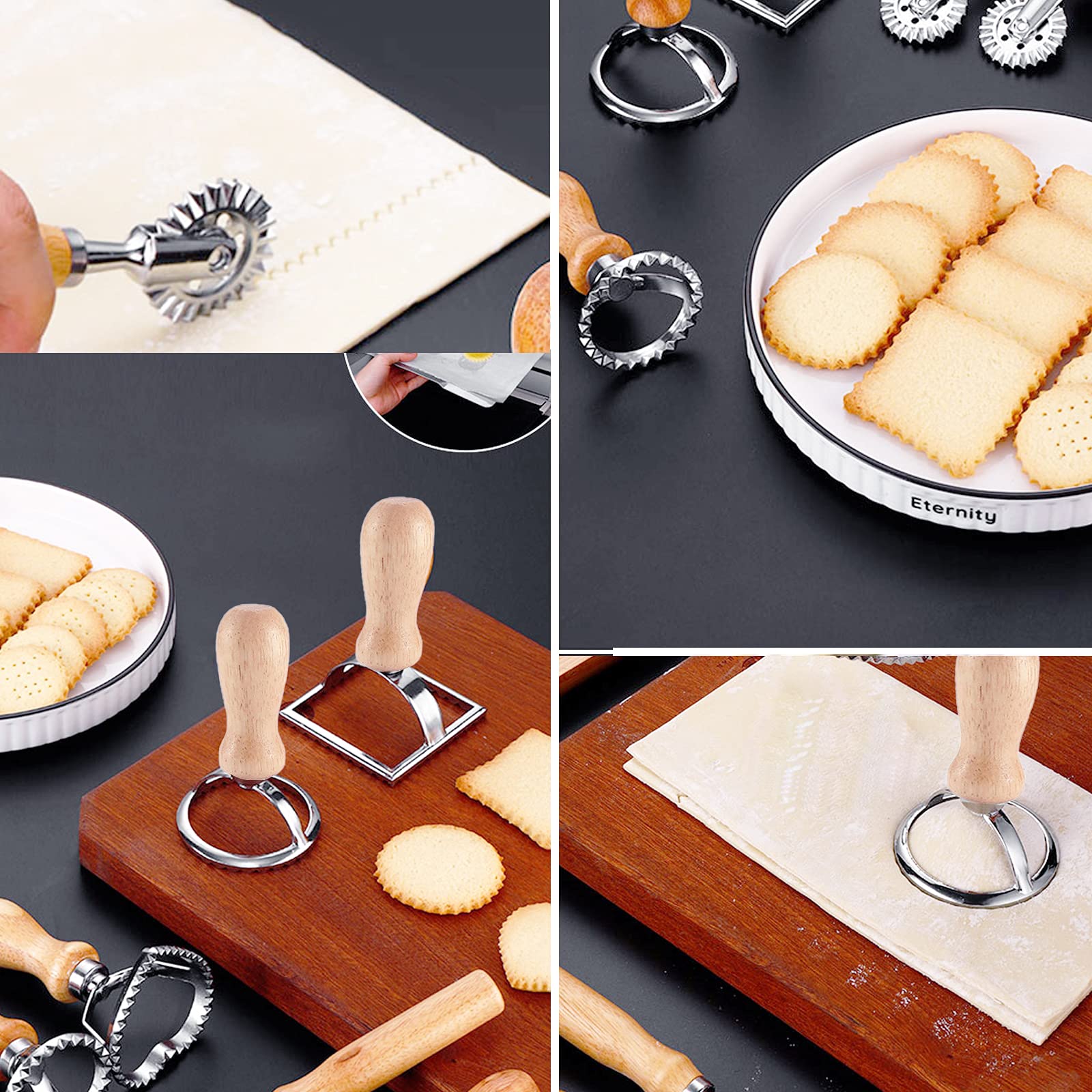 Ravioli Maker Stamp Cutter With Roller Wheel Set, Pasta Maker Mold With Wooden Handle And Fluted Edge, Ravioli Cutter And Press