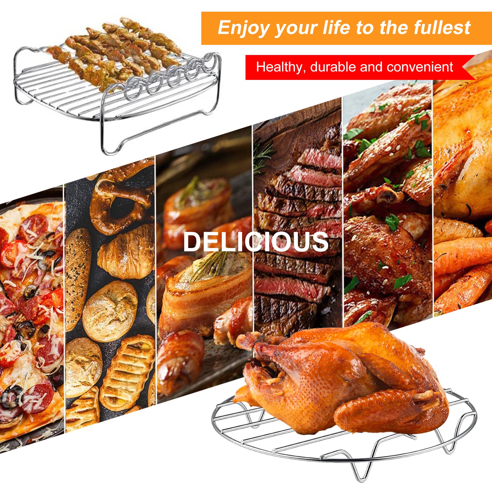 GWY Air Fryer Rack Set of 2, Multi-Purpose Metal Double Layer Wire Rack, 7.8" x 7.8", Dishwasher Safe, Silver for Ninja, Power XL,