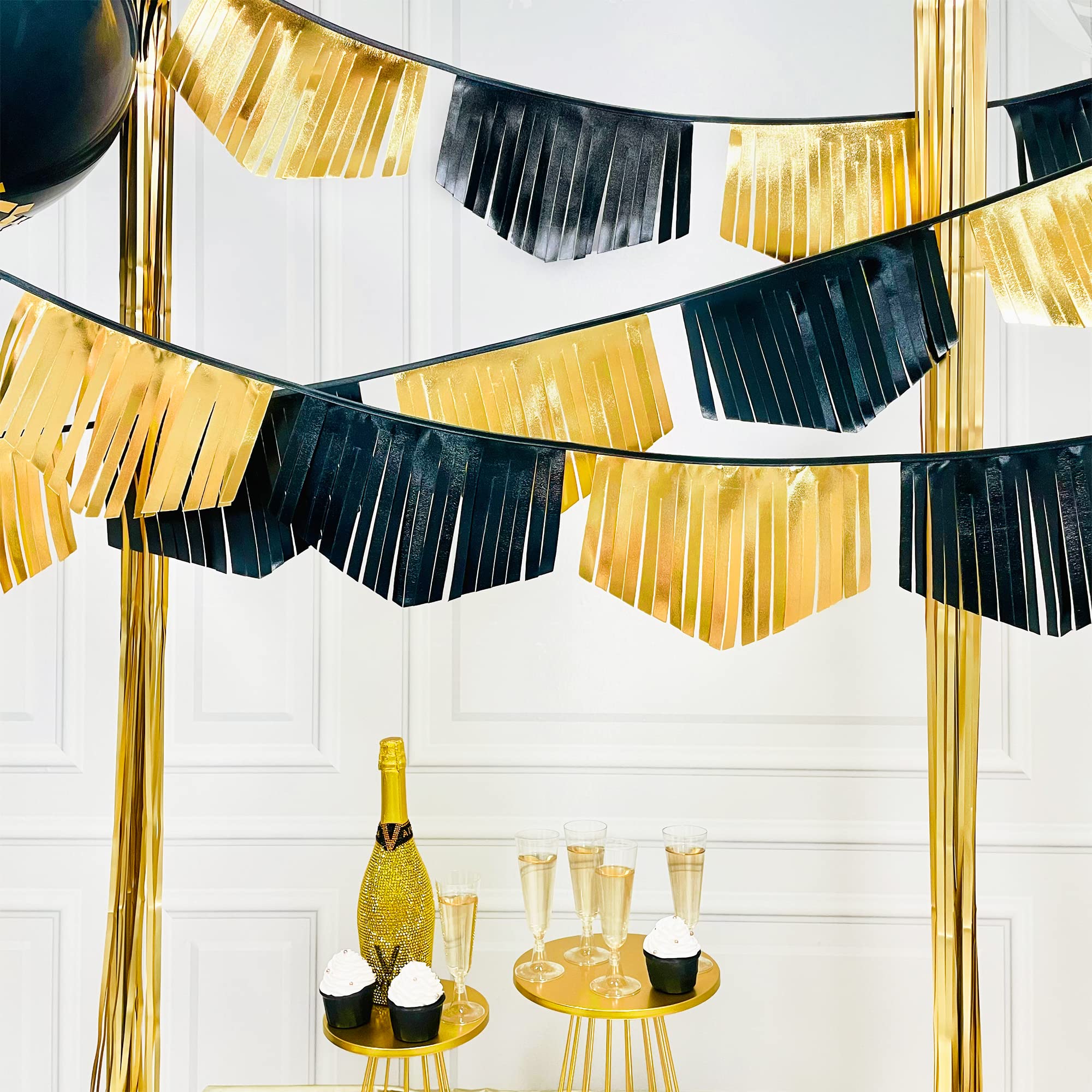 Black And Gold Tassel Banner Double Sided Metallic Fabric Pennant Bunting Flag Garland For Graduation Anniversary Bachelorette B