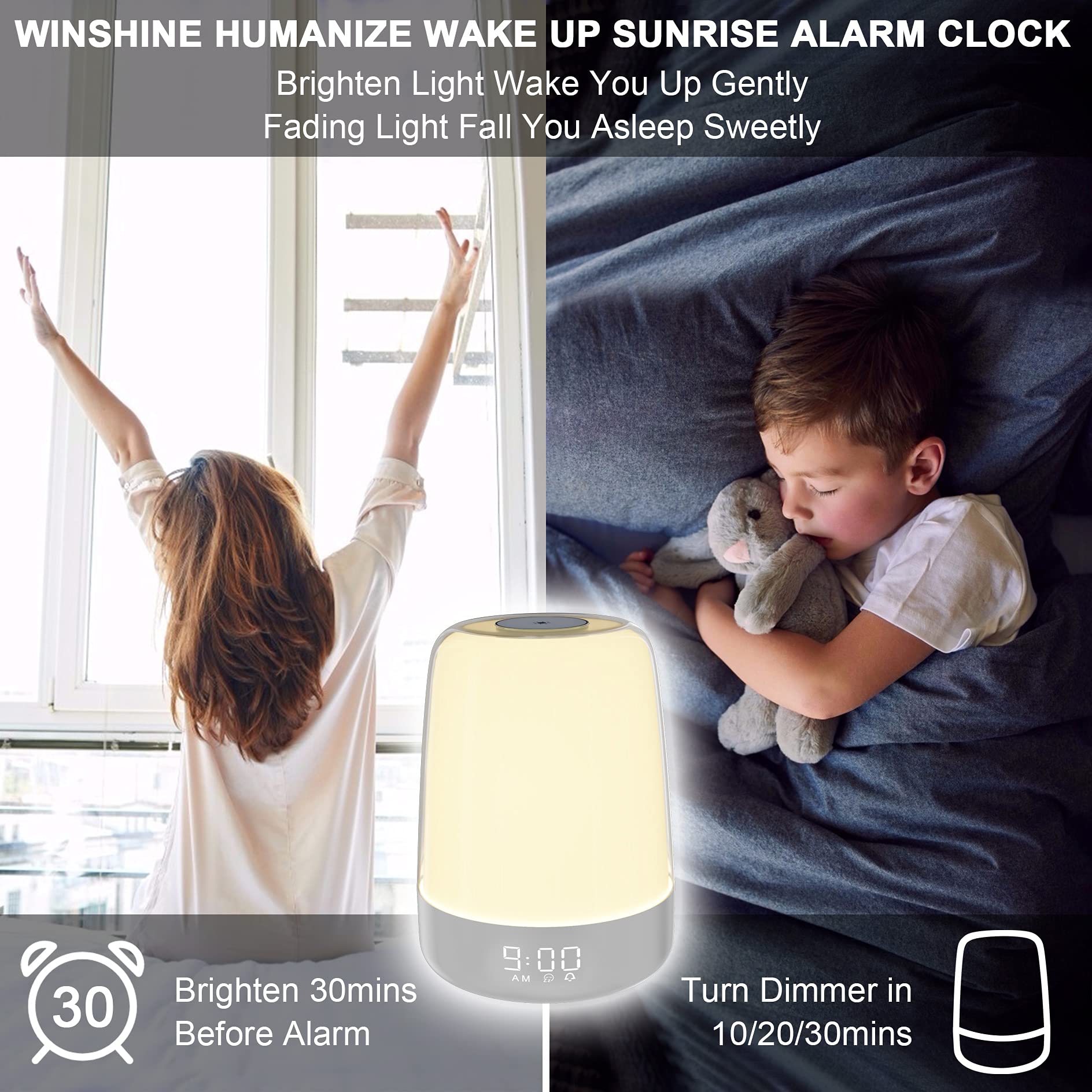 winshine Touch Wake Up Night Light with Sunrise Simulation Alarm Clock  3 Ways Dimmable Warm White Bedside Lamp for Kid Bedrooms RGB Ambient Table Nightstand Light Sleep Aid Snooze Timer Mode
