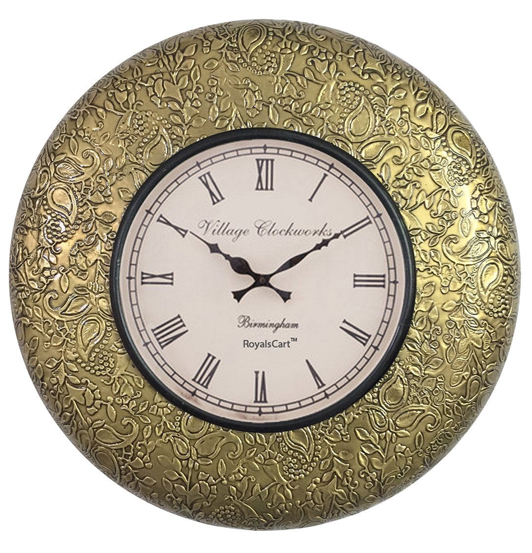 Royalscart Wooden Polished Designer Brass Analog Wall Clock For Living Room Stylish Metal Antique With Latest 24 Hours Number Di